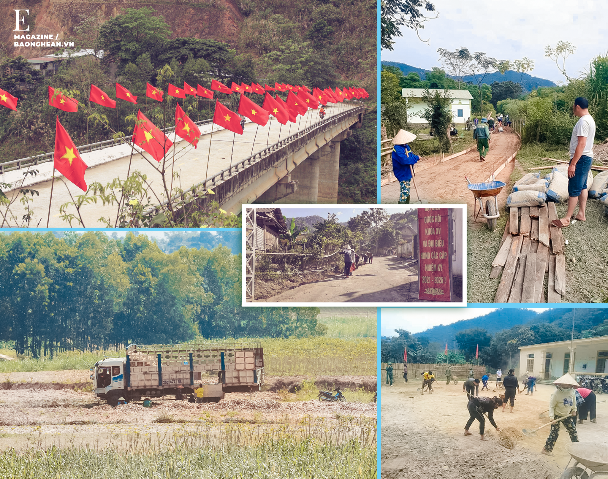Một góc nông thôn mới xã Tam Quang; Đường nội đồng được chú trọng đầu tư nâng cấp, các loại xe có trọng tải lớn ra tận đồng để thu mua sản phẩm cho bà con; Người dân góp công, góp sức xây dựng nông thôn mới.