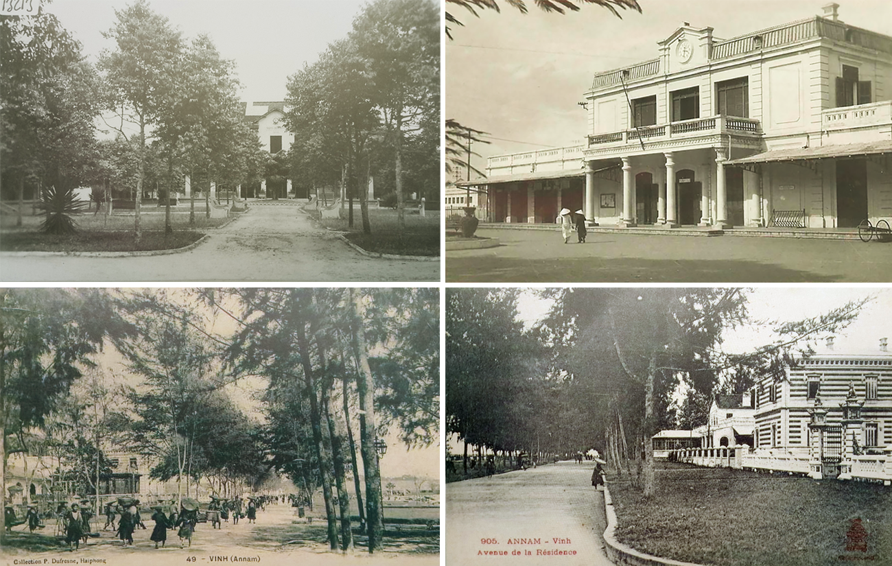 Một số hình ảnh Vinh xưa: Bệnh viện ở Bến Thủy, Ga Vinh; Một đường phố ở Vinh; Tòa công sứ nằm trên đường bờ sông, cổng hướng ra phía cầu Cửa Tiền cũ. Ảnh: Tư liệu