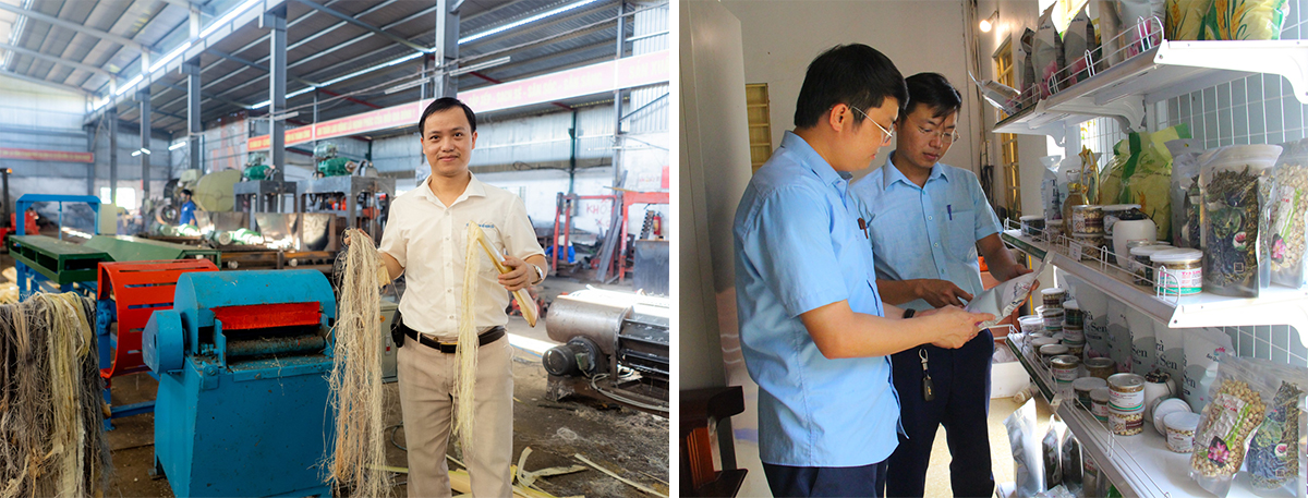 Anh Hồ Xuân Vinh bên sáng chế của mình (ảnh trái); Anh Phạm Kim Tiến giới thiệu các sản phẩm chế biến từ sen.