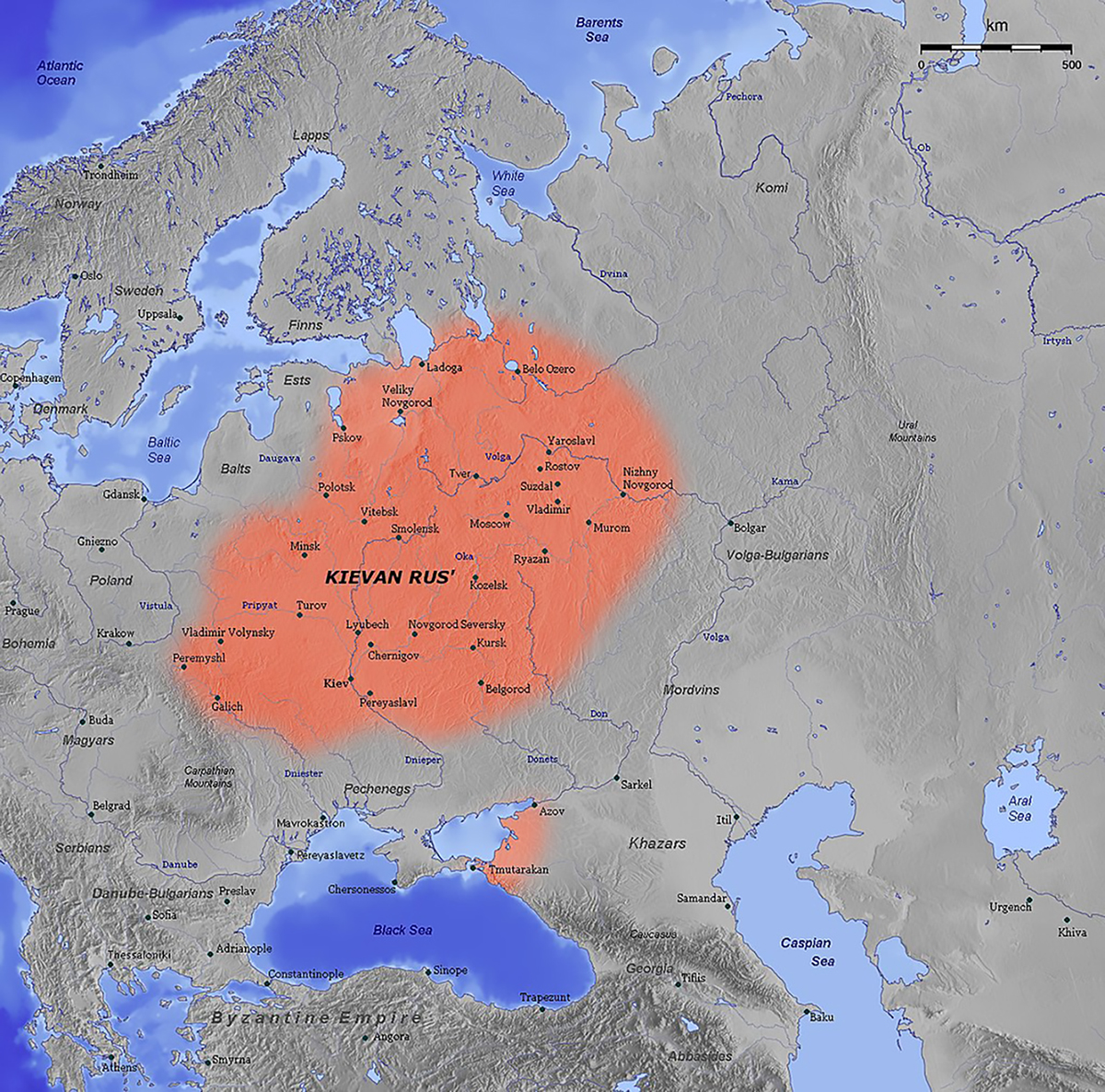 Bản đồ nước Rus Kiev hồi thế kỷ XI. Trong thời kỳ huy hoàng của Kiev, vùng đất Nga bao trùm hầu hết Ukraine, Belarus, và phía Tây Nga hiện nay. Ảnh: wikipedia