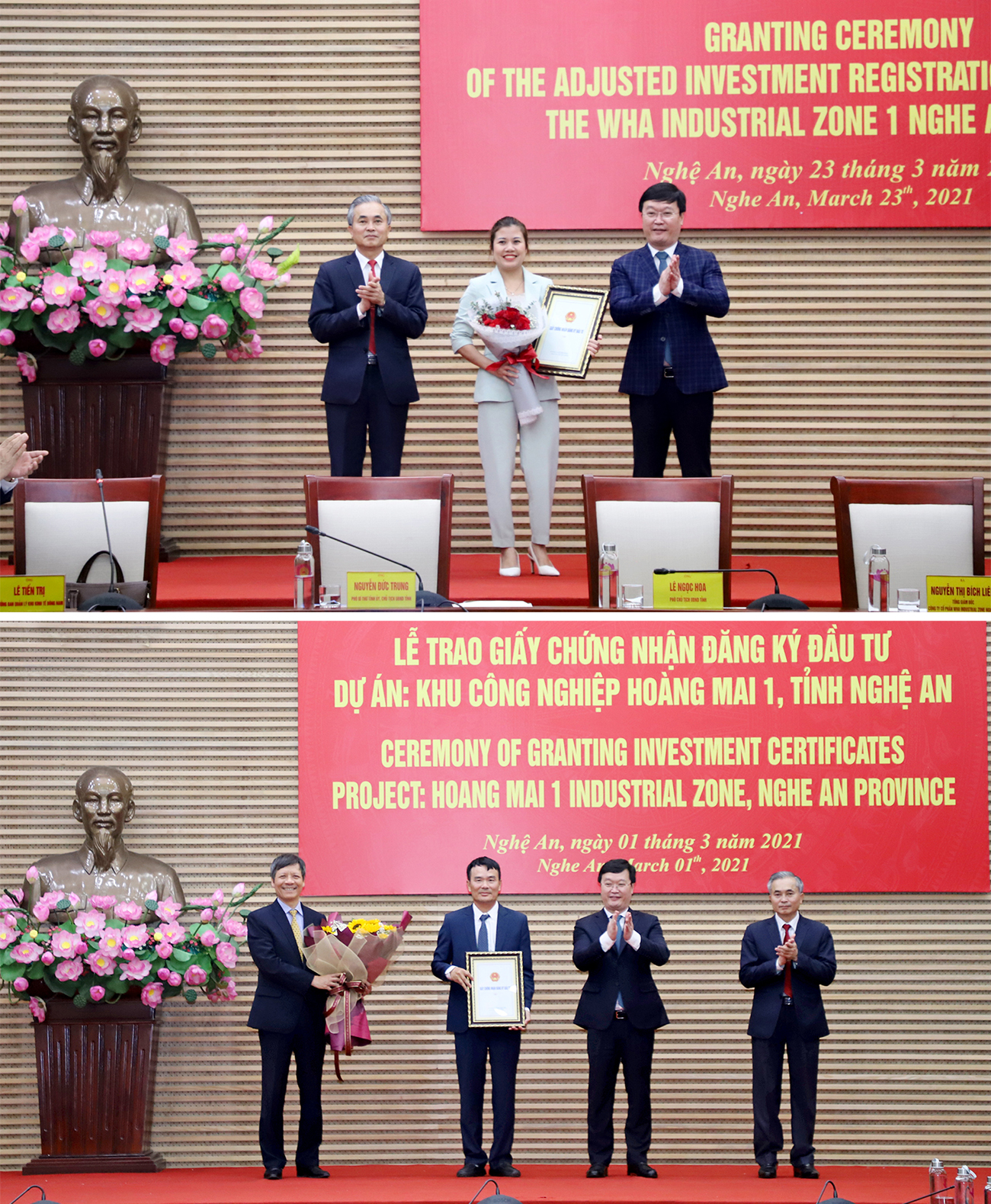 Chủ tịch UBND tỉnh Nguyễn Đức Trung trao Quyết định đăng ký đầu tư điều chỉnh đầu tư cho nhà đầu tư KCN WHA (ảnh trên) và Giấy chứng nhận đăng ký đầu tư cho Công ty CP Hoàng Thịnh Đạt.