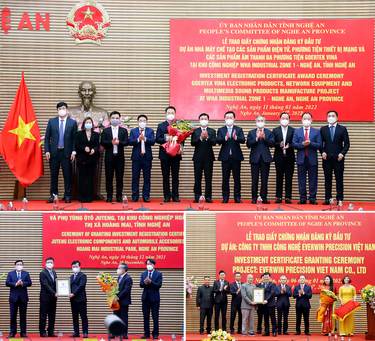 Các đồng chí lãnh đạo tỉnh Nghệ An trao giấy chứng nhận đầu tư cho đại diện Tập đoàn Goertek, Tập đoàn Ju Teng và Công ty TNHH Công nghệ Everwin Precision Việt Nam.