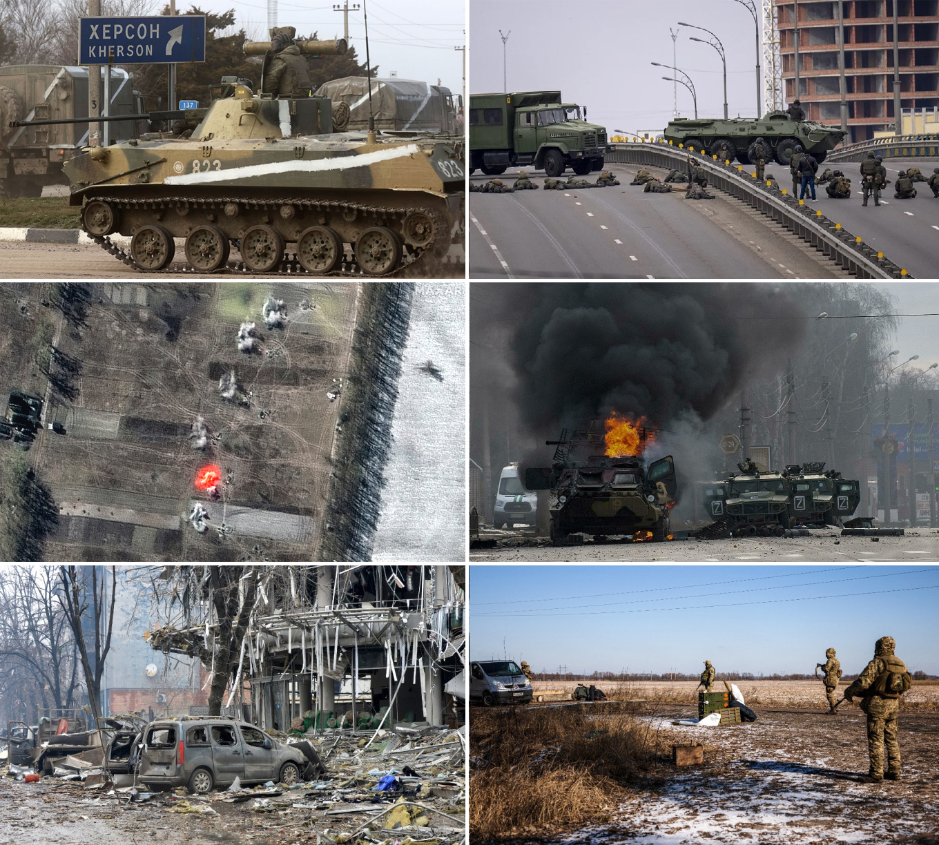 Thiết giáp Nga tại cửa ngõ vào Kherson hôm 1/3; Binh lính Ukraine tại một vị trí phòng ngự trên một con cầu trong thành phố Kiev; Pháo binh Nga đóng gần Kiev khai hỏa trong ảnh vệ tinh được công bố ngày 11/3; Xe quân sự bị phá hủy trong đợt giao tranh ở Kharkov, Ukraine ngày 27/2; Một khu vực bị pháo kích tại Kharkov, Ukraine, hôm 3/3; Binh sĩ Ukraine tại một chốt kiểm soát gần làng Velyka Dymerka hôm 10/3. Ảnh: TASS-NPR-Maxar-AP-AFP