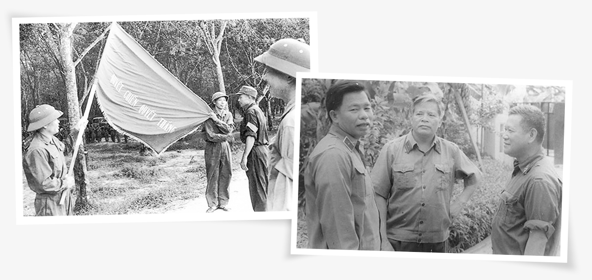 Trung tướng Lê Nam Phong (bìa trái) nhận quân kỳ quyết thắng trước Chiến dịch Xuân Lộc; Trung tướng Lê Nam Phong (đứng giữa) với các đồng đội.