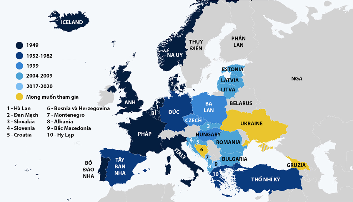Từ khi thành lập năm 1949, NATO liên tục mở rộng về phía đông châu Âu. Đồ họa: Statista