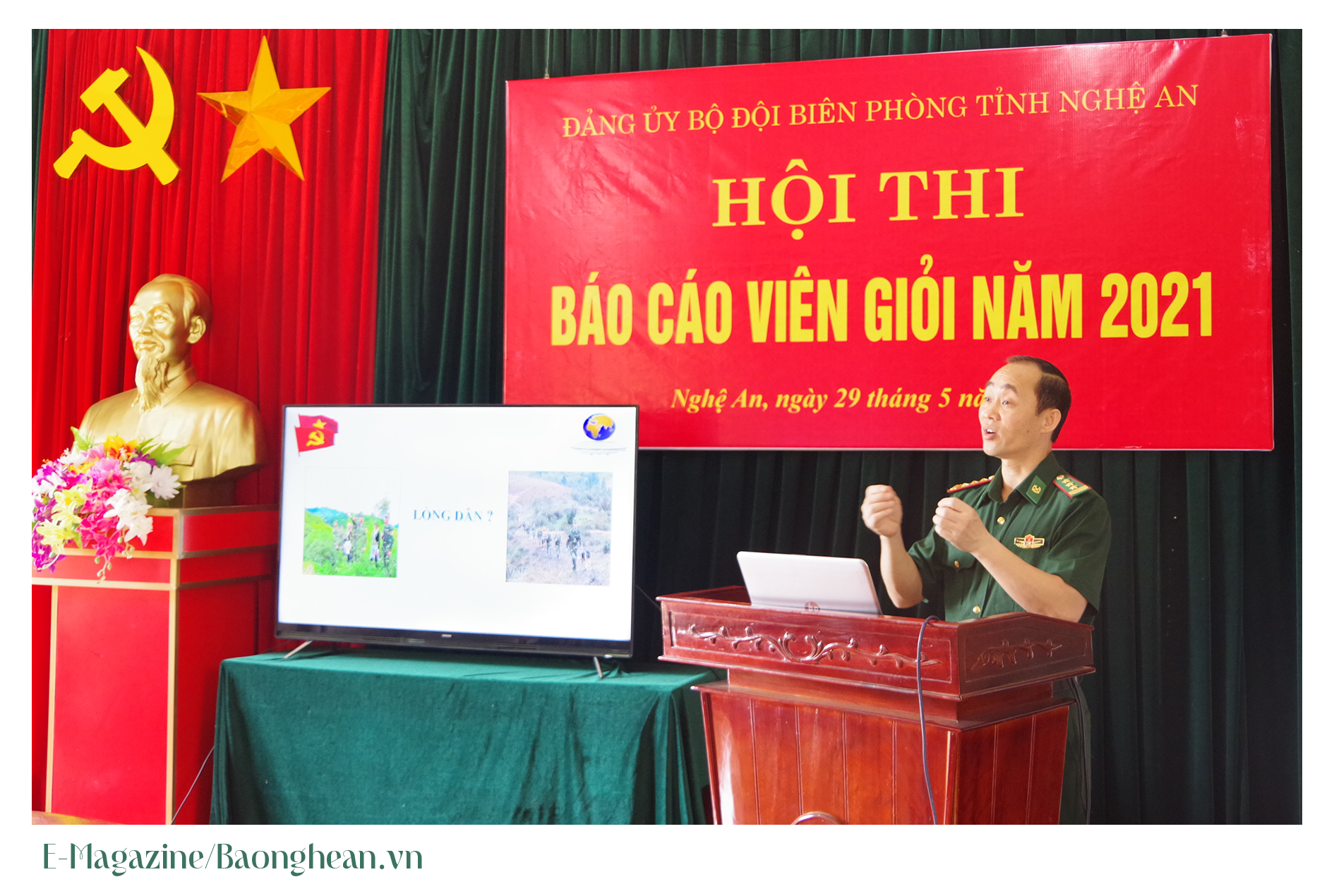Thượng tá Trần Quang Trung tại hội thi báo cáo viên giỏi năm 2021 do BĐBP Nghệ An tổ chức. Ảnh: Phương Linh