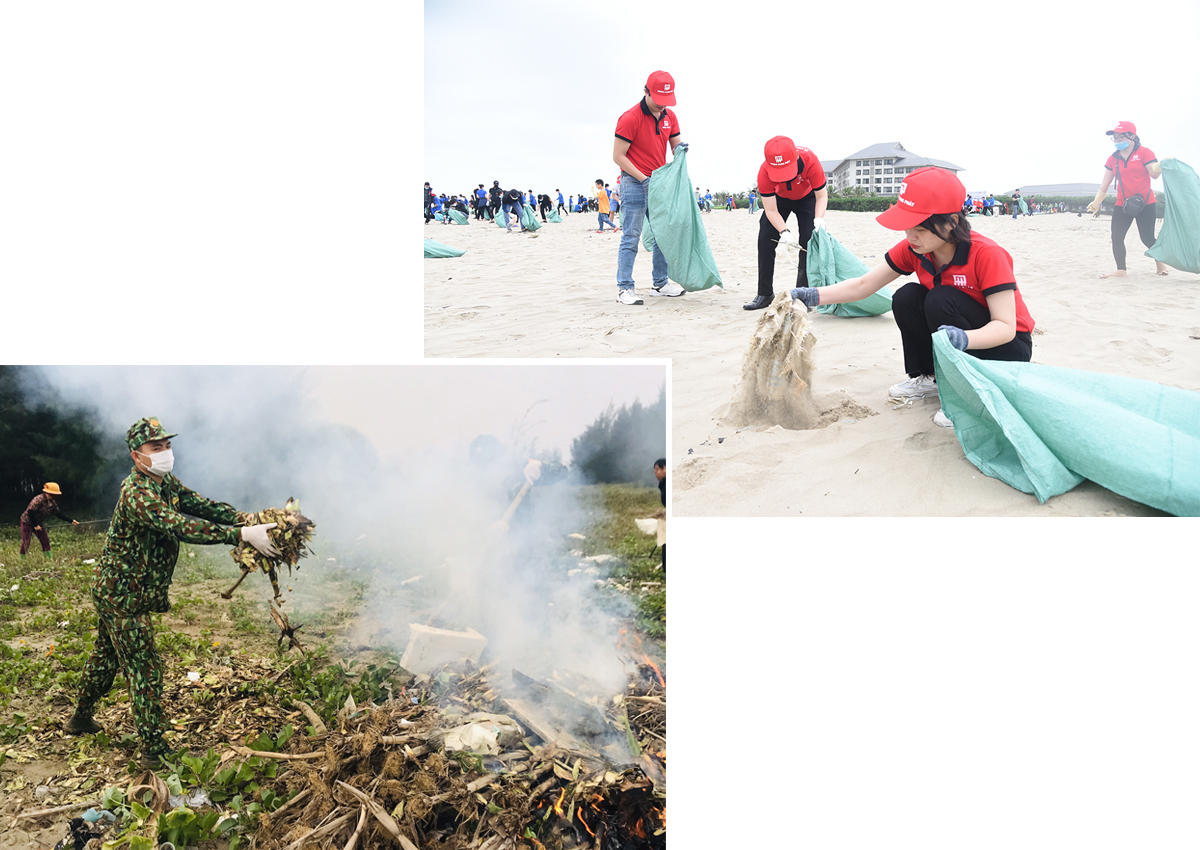 Tình nguyện viên tham gia chiến dịch ra quân “Nhặt rác làm sạch biển” tại thị xã Cửa Lò, năm 2021 (ảnh trên); Các chiến sẽ Đồn biên phòng Diễn Thành làm sạch môi trường biển.