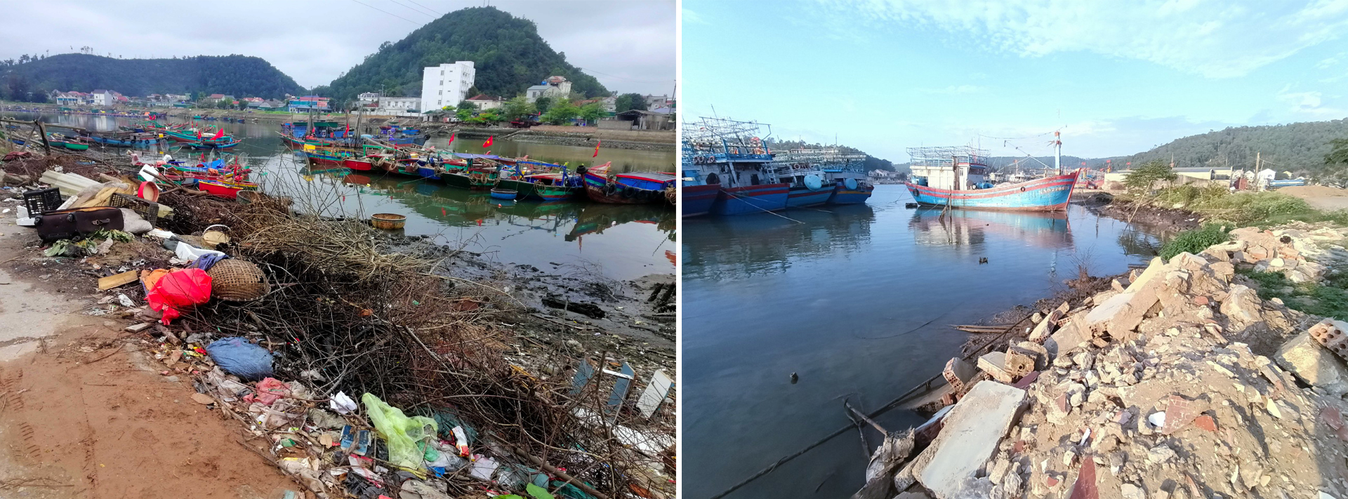 Rác thải tràn ngập bến cá Nghi Thủy gây ô nhiễm (ảnh trái); Một góc cảng lạch Quèn bị xâm lấn bởi rác thải xây dựng.