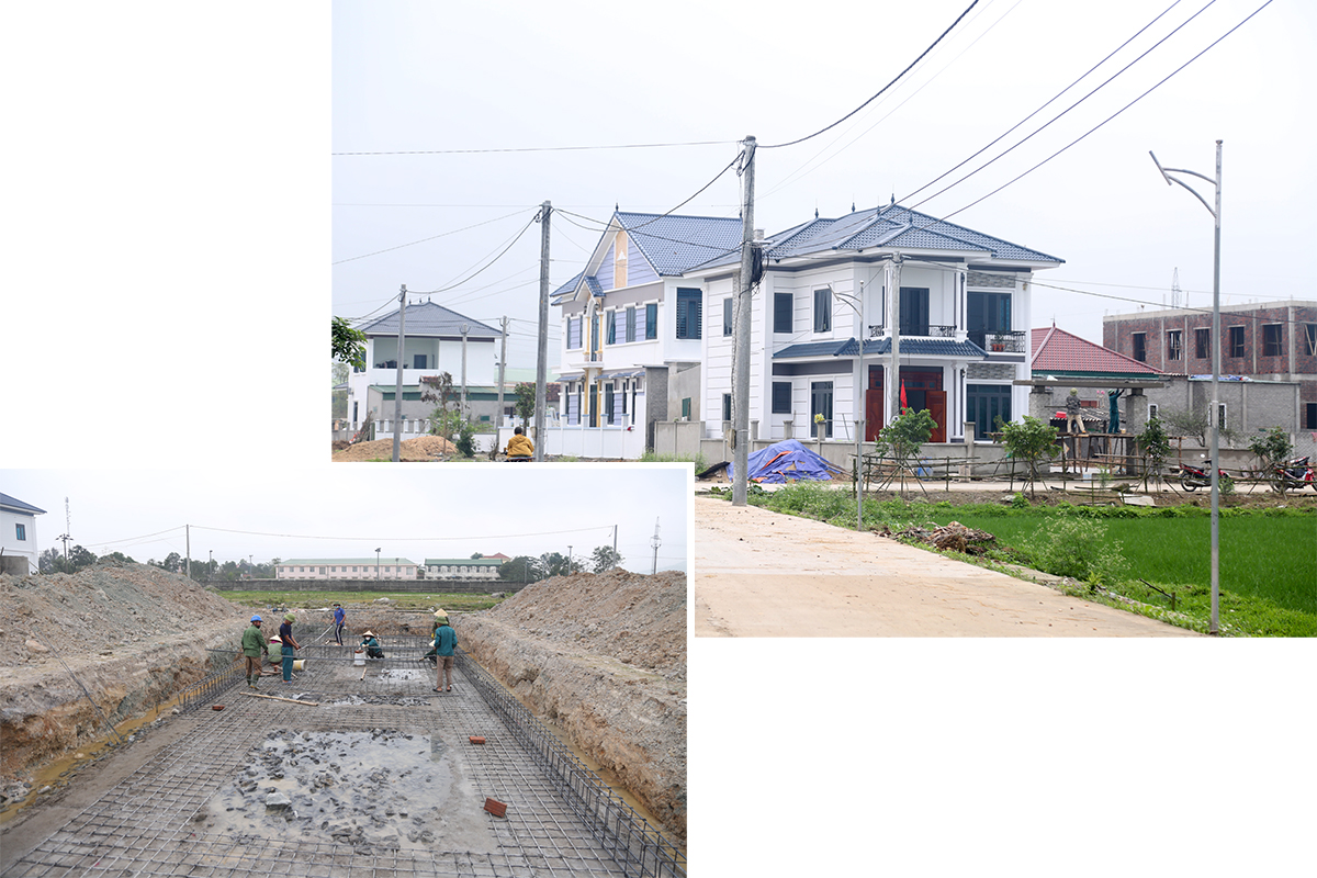 Một góc khu tái định cư xóm Bùi Hạ, xã Hưng Trung, huyện Hưng Nguyên (ảnh trên); Một hộ dân đang xây nhà mới tại khu tái định cư xóm Bùi Hạ.