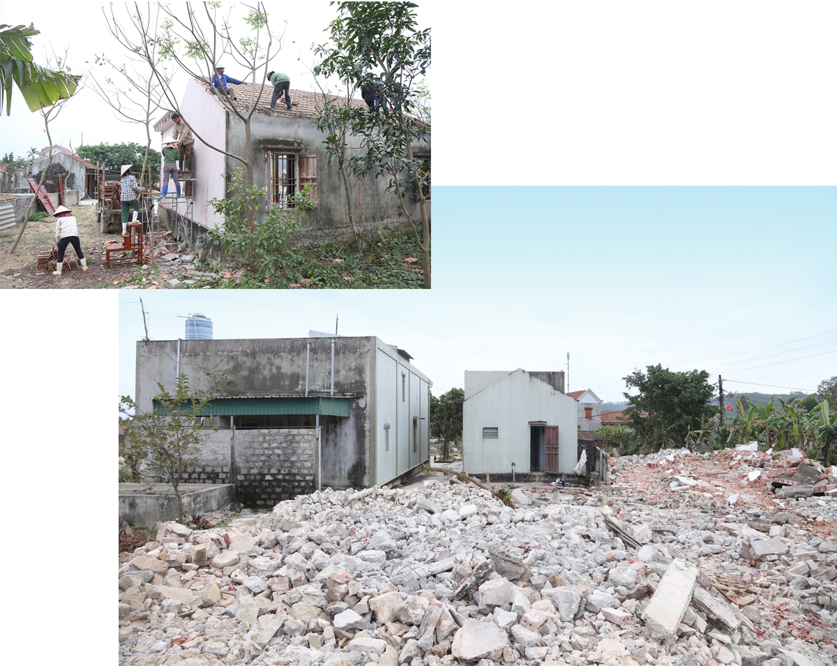 Người dân xóm 7, xã Quỳnh Vinh tự tháo dỡ nhà phục vụ dự án (ảnh trên); Một ngôi nhà ở xóm 7, xã Quỳnh Vinh nằm trong dự án phải di dời.