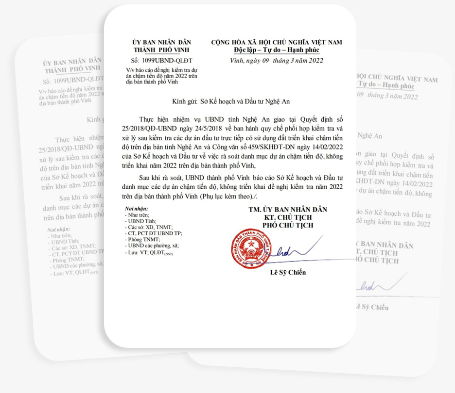 Văn bản số 1099/UBND-QLĐT của UBND thành phố Vinh gửi Sở KH&ĐT.