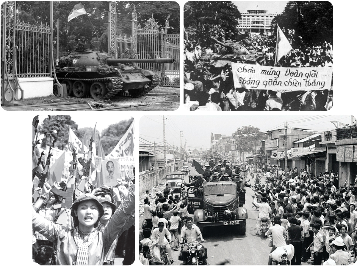  Khoảnh khắc lịch sử xe tăng Quân giải phóng tiến vào Dinh Độc Lập, trưa 30/4/1975; Nhân dân Sài Gòn đổ ra đường chào đón quân Giải phóng. Ảnh: TTXVN