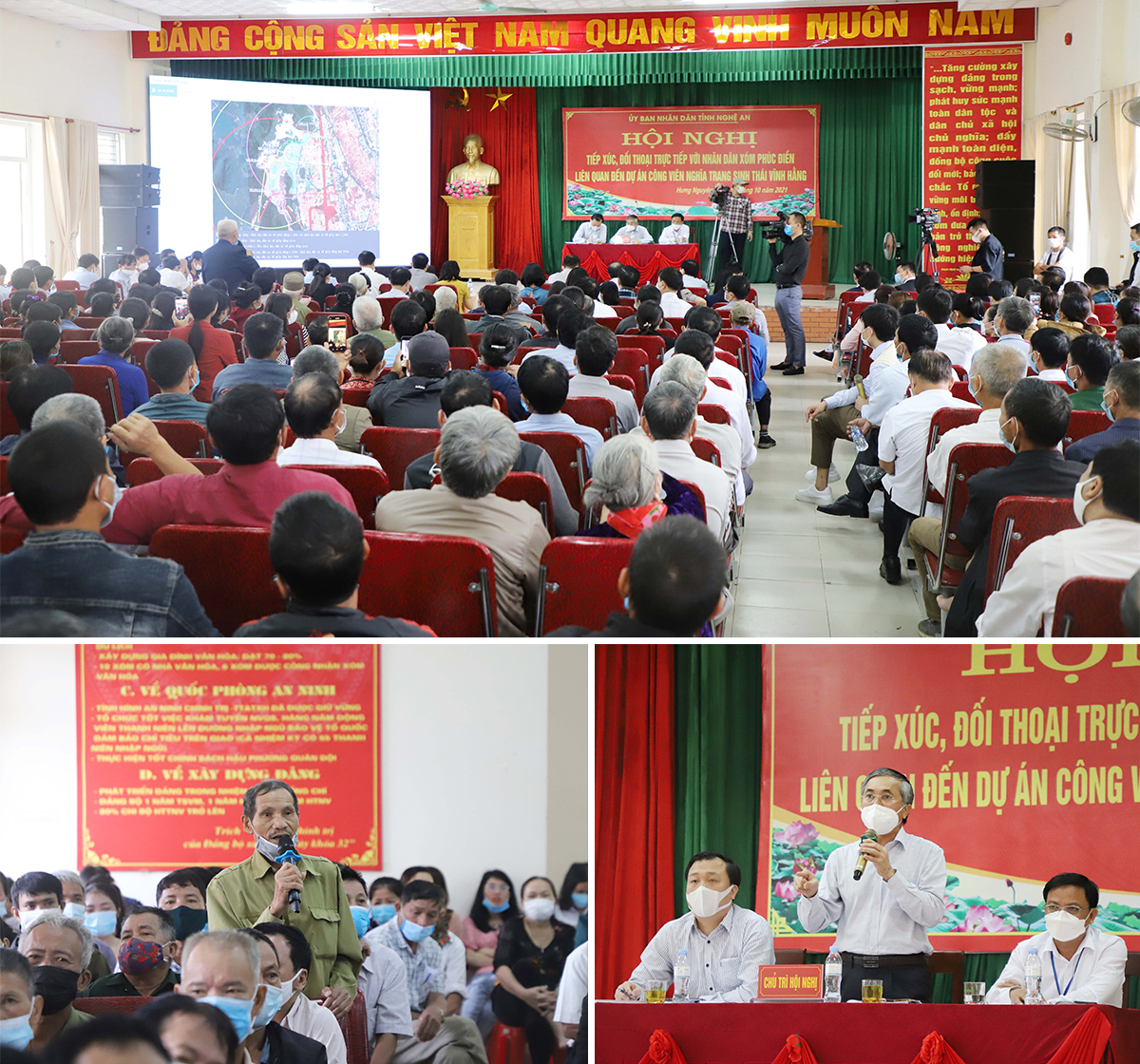 UBND tỉnh Nghệ An tổ chức hội nghị đối thoại, trả lời những kiến nghị của công dân liên quan đến triển khai dự án công viên sinh thái vĩnh hằng tại xã Hưng Tây. Ảnh: PB