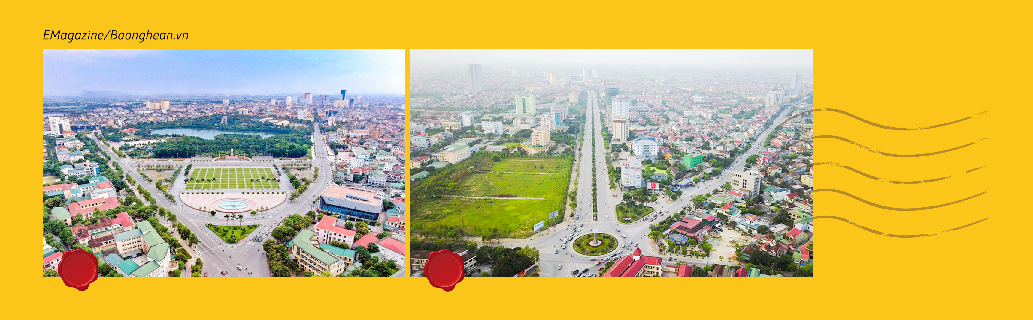 Toàn cảnh Quảng trường Hồ Chí Minh nhìn từ trên cao; Đại lộ Lênin nối trung tâm đô thị Bắc Trung Bộ với Cảng Hàng không Quốc tế Vinh. Ảnh Tư liệu