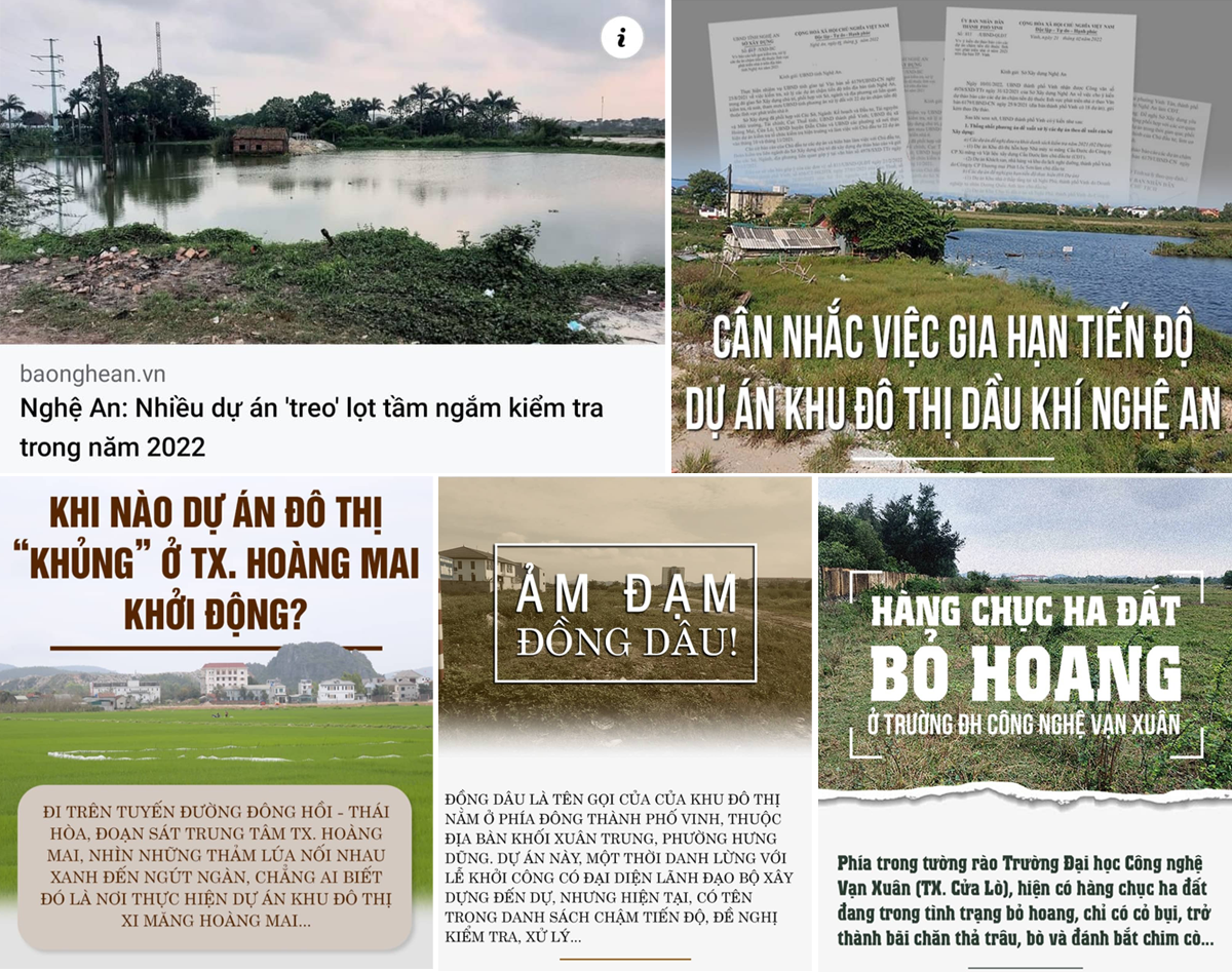 Bìa một số bài viết trên Báo Nghệ An về dự án treo, dự án chậm tiến độ trên địa bàn tỉnh.