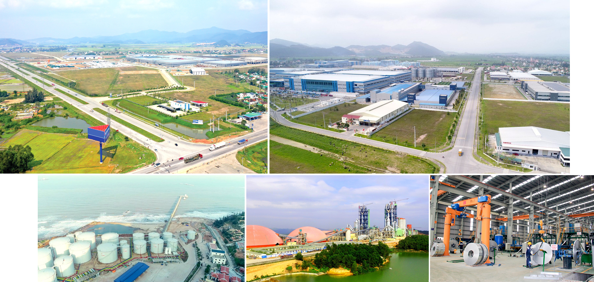 Ảnh trái sang, trên xuống: Khu Công nghiệp WHA, Khu Công nghiệp, đô thị và dịch vụ VSIP Nghệ An, Tổng kho xăng dầu DKC, Nhà máy Xi măng Sông Lam, sản xuất trong Nhà máy Hoa Sen. Ảnh: PV
