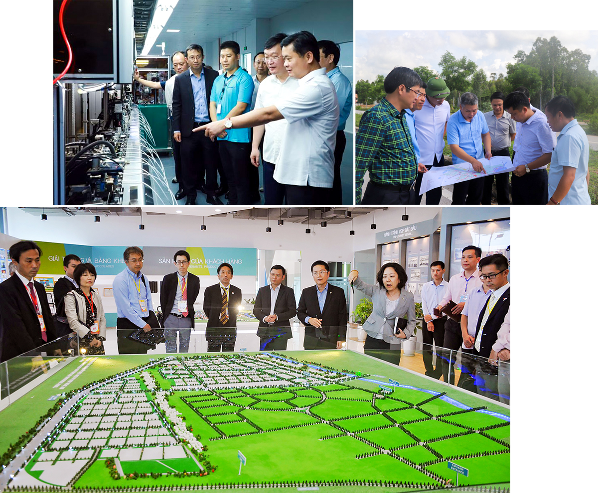 Lãnh đạo tỉnh Nghệ An tham quan dây chuyền sản xuất tại nhà máy của Công ty Luxshare ICT; Các nhà đầu tư đến tìm hiểu môi trường đầu tư ở Hoàng Mai; Đại diện Khu công nghiệp VSIP giới thiệu về dự án với các nhà đầu tư. Ảnh: PV