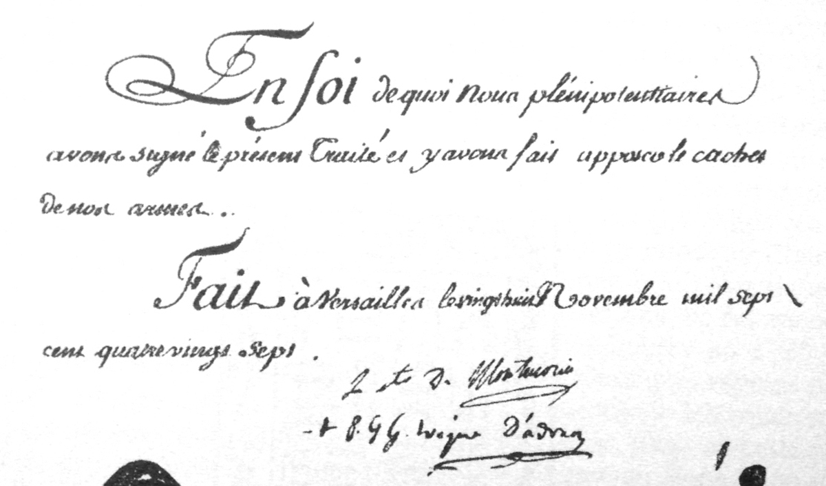 Phần chữ ký trên Hiệp ước Versailles năm 1787. Ảnh: Tư liệu