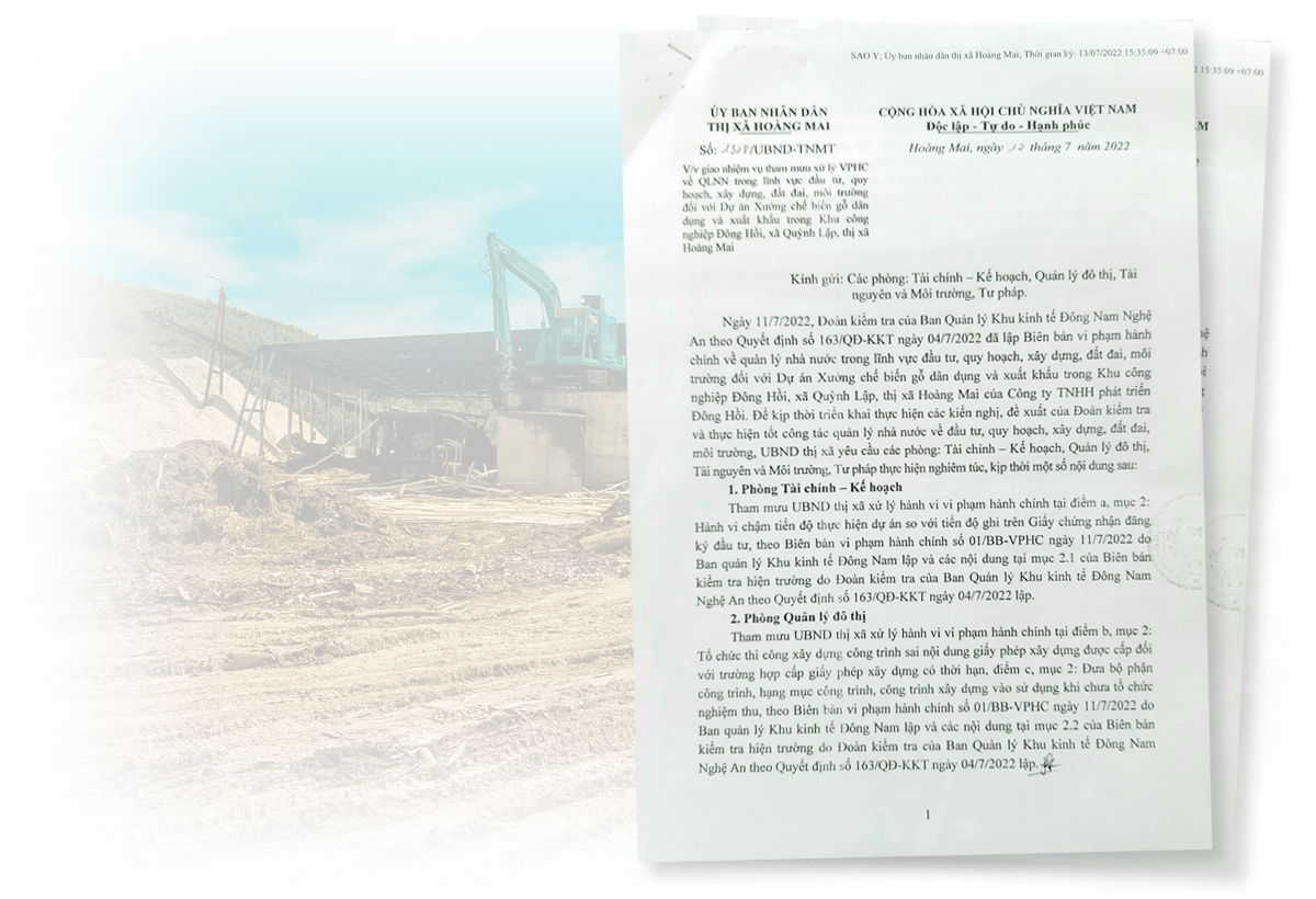 Văn bản của UBND thị xã Hoàng Mai giao các phòng ban tham mưu xử lý vi phạm hành chính tại dự án Xưởng chế biến gỗ dân dụng và xuất khẩu.