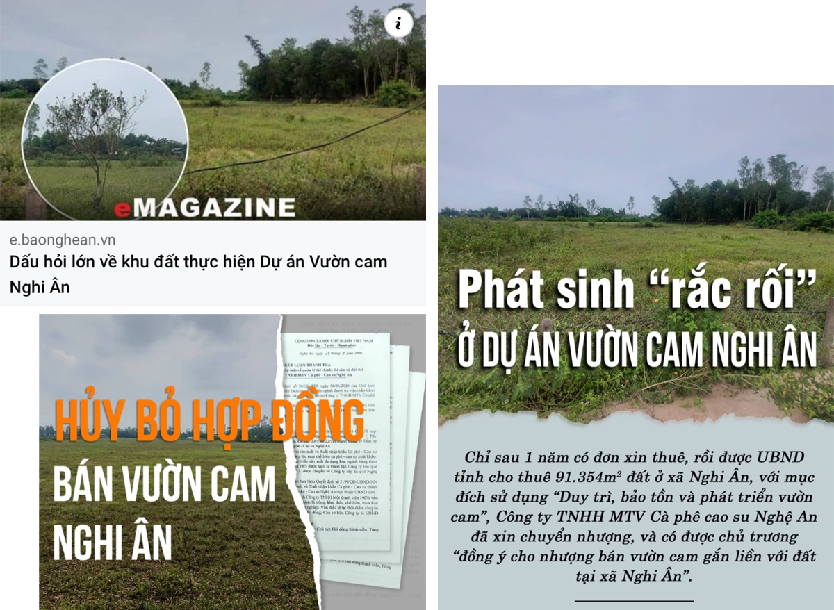 Bìa một số bài viết về khu đất thực hiện Dự án Vườn cam Nghi Ân trên Báo Nghệ An điện tử.
