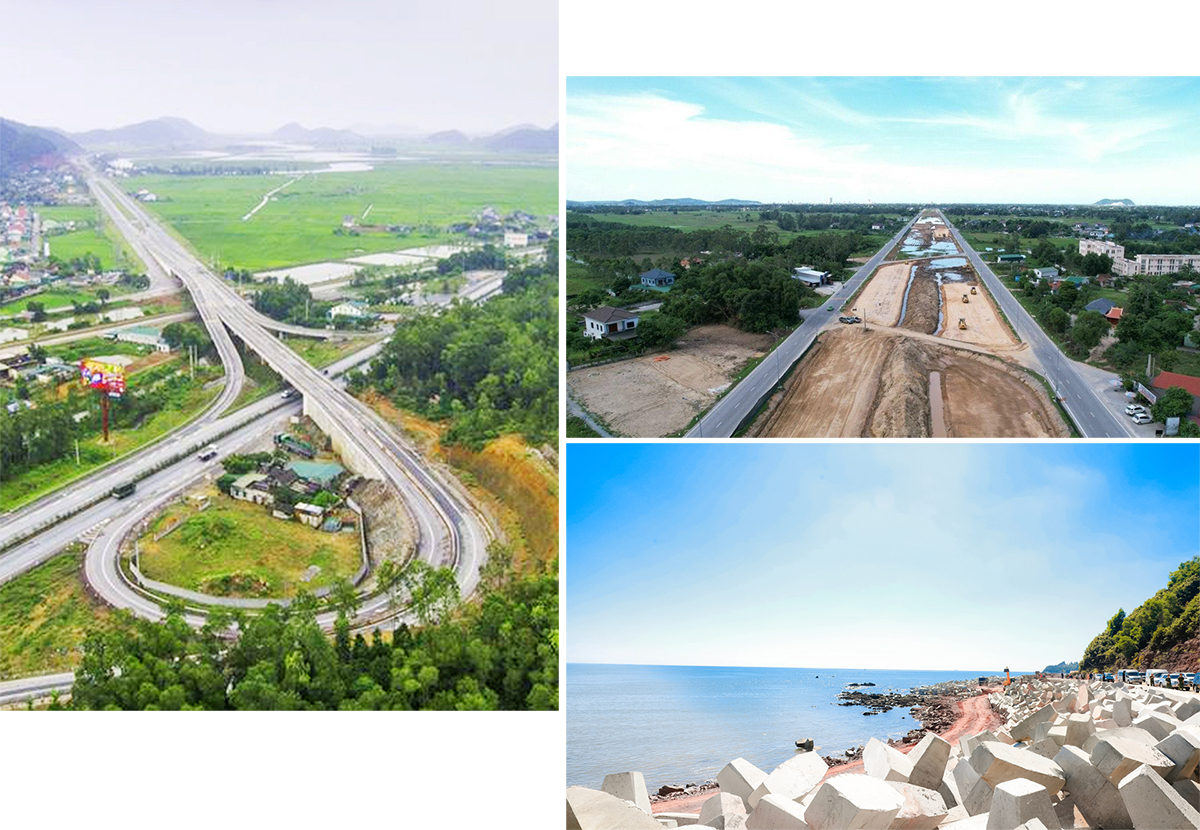 Ảnh trái sang, trên xuống: Đường D4 nối từ Quốc lộ 1A xuống Cảng Nghi Thiết; Thi công đường Vinh - Cửa Lò giai đoạn 2 và tuyến đường ven biển đoạn qua huyện Nghi Lộc.