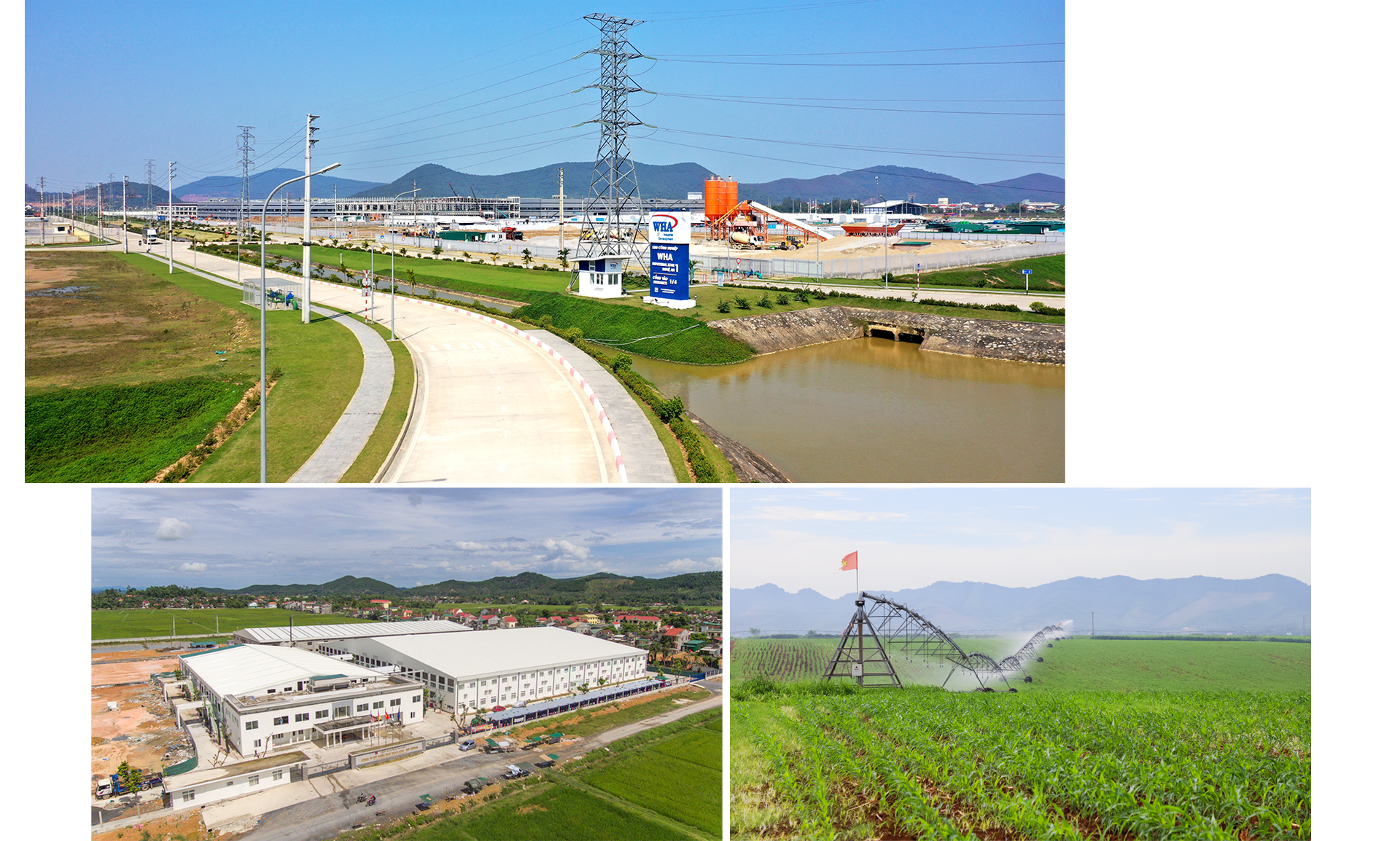 Khu Công nghiệp WHA Industrial Zone 1 Nghệ An; Nhà máy may ở Đô Lương; Mô hình sản xuất nông nghiệp ứng dụng công nghệ cao của Tập đoàn TH ở Nghĩa Đàn. Ảnh: PV-CTV