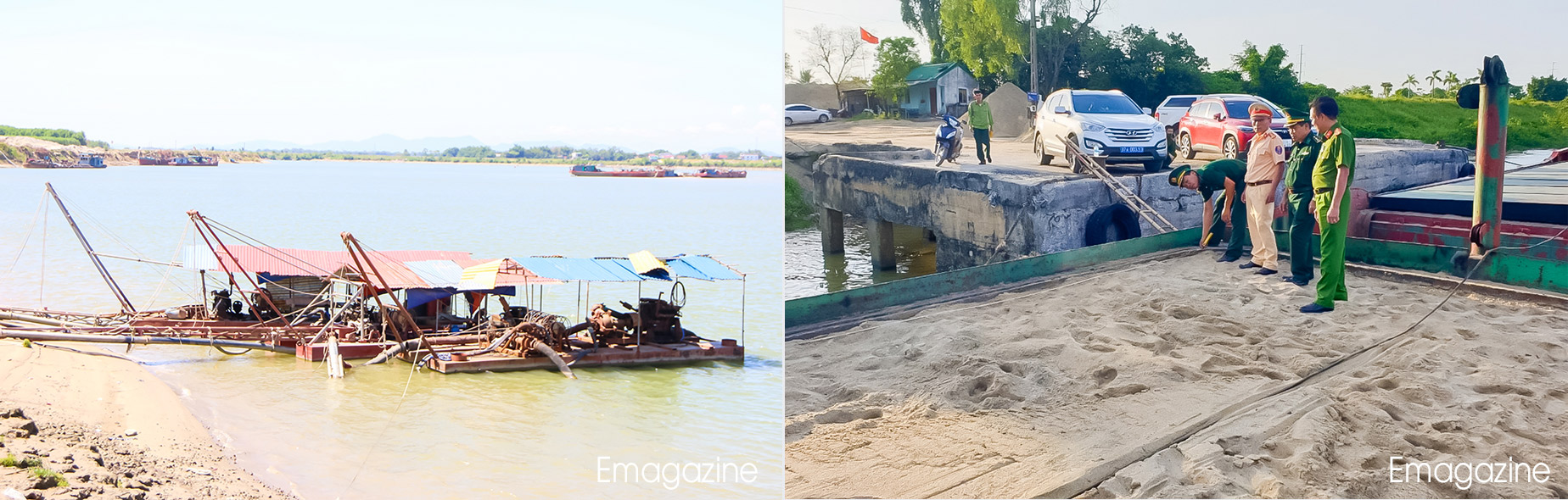 Một thiết bị hút cát nằm trên sông Lam đoạn qua địa phận huyện Hưng Nguyên; Đội Cảnh sát đường thủy kiểm tra tàu chở cát tại huyện Hưng Nguyên. Ảnh: Tiến Đông - Văn Trường
