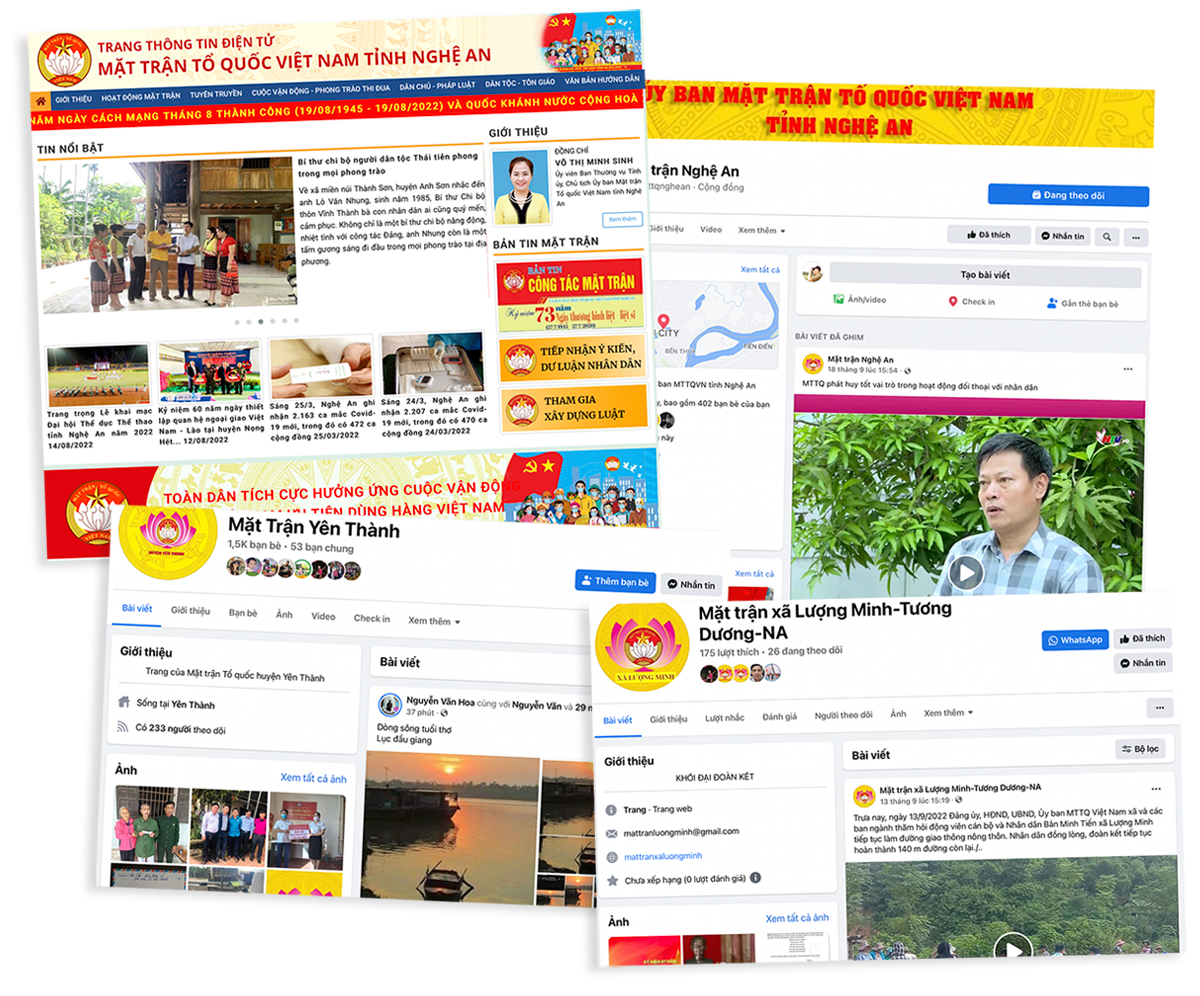 Giao diện trang thông tin điện tử và fanpage của Ủy ban MTTQ Việt Nam tỉnh Nghệ An (2 ảnh trên); Giao diện tài khoản Facebook của Ủy ban MTTQ huyện Yên Thành và xã Xá Lượng (Tương Dương).