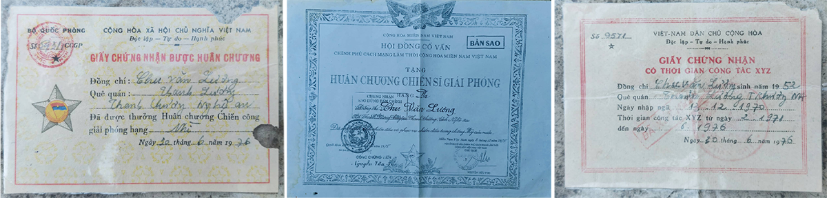 Giấy chứng nhận được tặng thưởng Huân chương và Giấy chứng nhận có thời gian công tác XYZ của ông Chu Văn Lương.