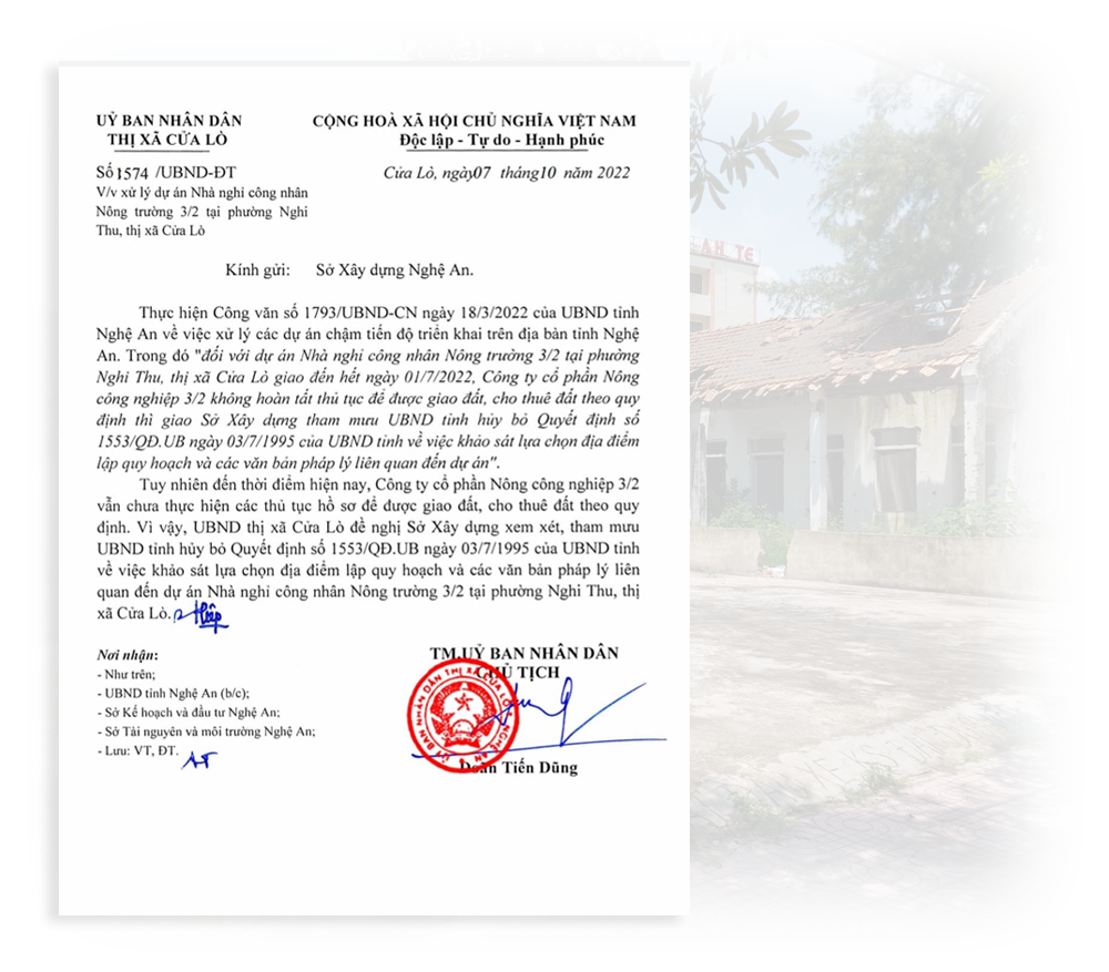 Công văn số 1574/UBND-ĐT ngày 7/10/2022 của UBND thị xã Cửa Lò đề nghị Sở Xây dựng xem xét, tham mưu UBND tỉnh hủy bỏ quyết định cho phép khảo sát, quy hoạch dự án Nhà nghỉ công nhân Nông trường 3/2.