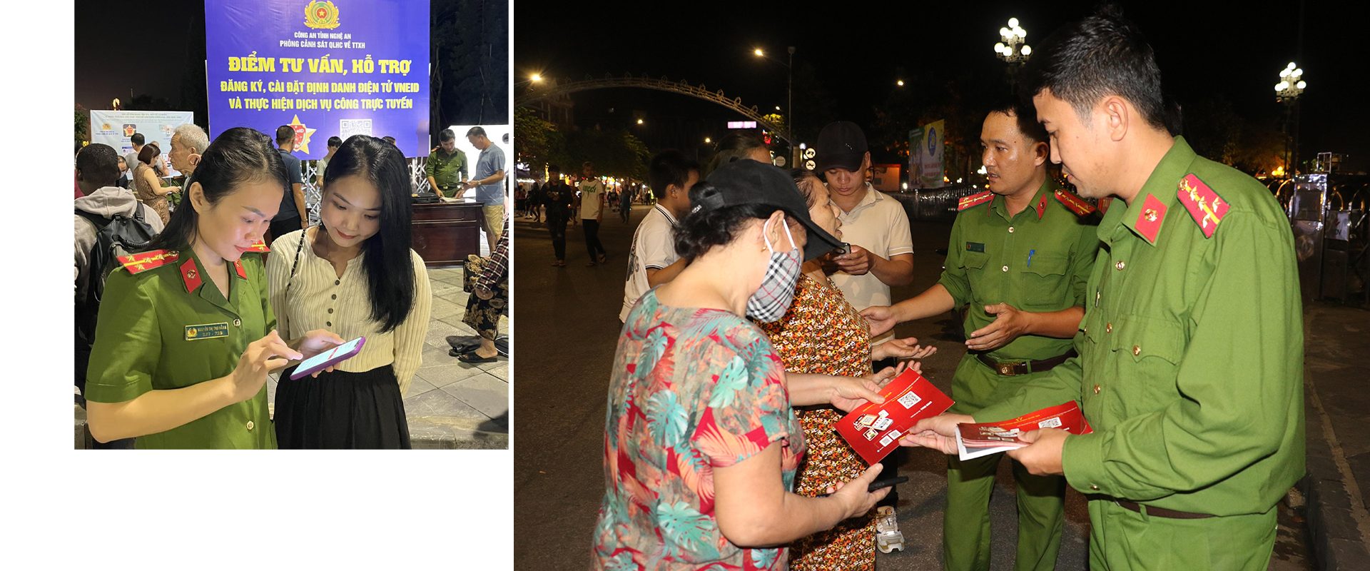 Công an tỉnh Nghệ An tổ chức điểm tư vấn, hỗ trợ đăng ký, cài đặt định danh điện tử (VNEID) và hướng dẫn dịch vụ công trực tuyến trên phố đi bộ thành phố Vinh. Ảnh: PV