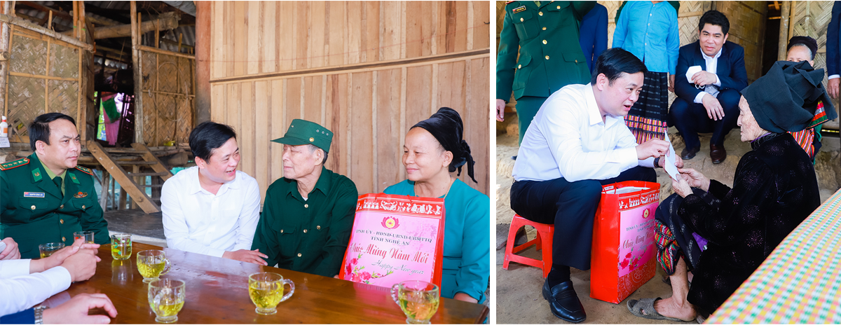 Bí thư Tỉnh ủy Thái Thanh Quý thăm, tặng quà chúc Tết các gia đình chính sách, hộ nghèo ở huyện Con Cuông, Xuân Nhâm Dần 2022. Ảnh: Thành Duy