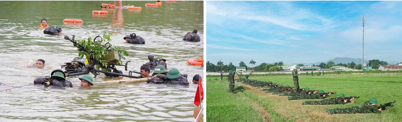 Cán bộ, chiến sĩ Trung đoàn 764 (Bộ CHQS tỉnh) thực hành vượt sông trong diễn tập vòng tổng hợp; Thực hành huấn luyện tư thế nằm bắn cho chiến sĩ mới năm 2022 của Trung đoàn 764. Ảnh: Trọng Kiên