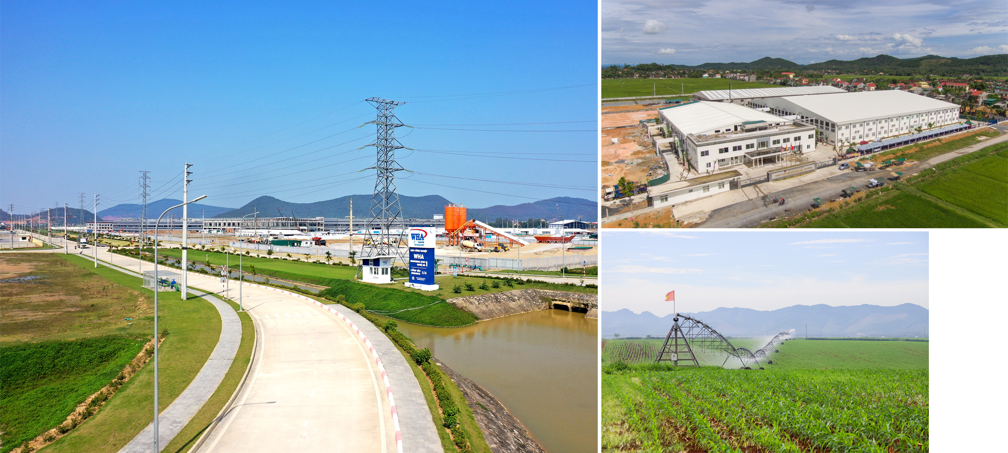 Khu công nghiệp WHA; Các khu công nghiệp nhỏ và vừa hình thành ở nhiều địa phương (Trong ảnh: Nhà máy may ở Đô Lương); Mô hình sản xuất nông nghiệp ứng dụng công nghệ cao của Tập đoàn TH ở Nghĩa Đàn. Ảnh tư liệu: PV - CTV