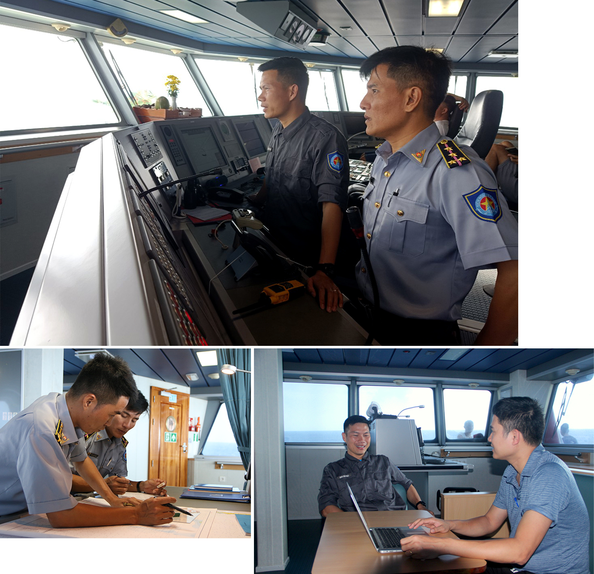 Đoàn thủy thủ trên tàu 490 luôn làm việc hết công suất để đưa đoàn công tác hoàn thành hải trình; PV Báo Nghệ An trao đổi với Đại úy Trần Văn Nhật - Thuyền trưởng tàu 490.