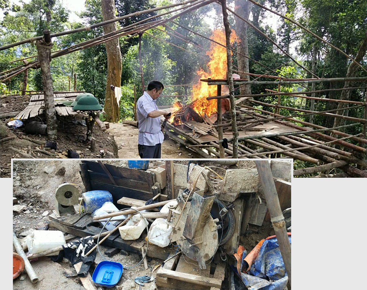 Hình ảnh các lực lượng huyện Tương Dương truy quét, đẩy đuổi “vàng tặc” trên núi Pu Phen năm 2019.