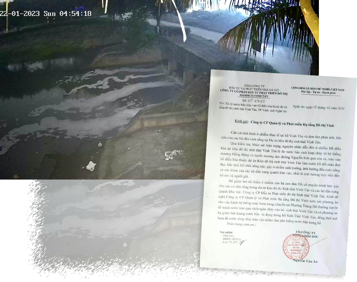 Hình ảnh nước thải tràn vào hồ Vinh Tân rạng sáng ngày 22/1/2023 và văn bản của đơn vị quản lý Khu đô thị sinh thái Vinh Tân.