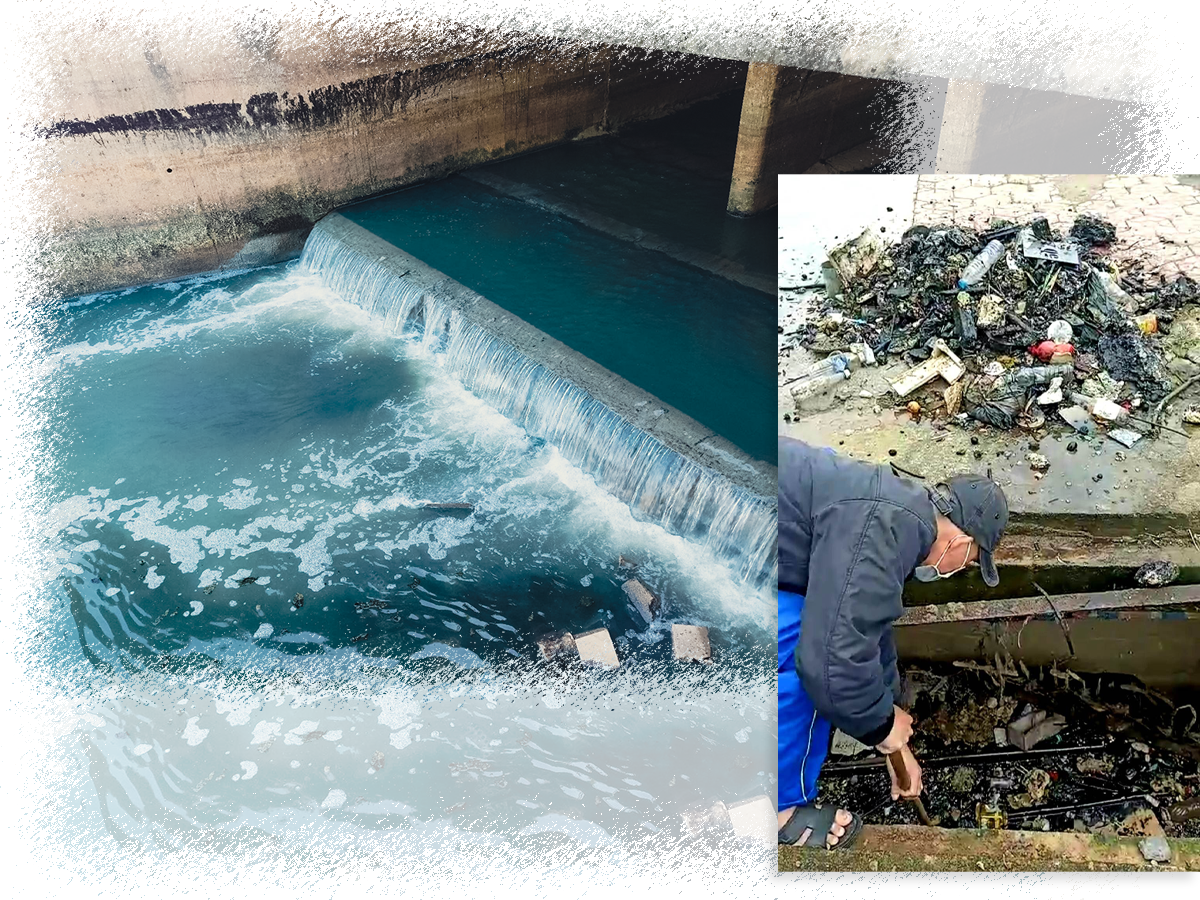 Nước thải tràn tự do vào âu chứa trạm bơm Đông Nam chiều 30/1/2023; Người lao động tại trạm bơm chính thu gom rác thải gây ách tắc trong âu chứa nước.