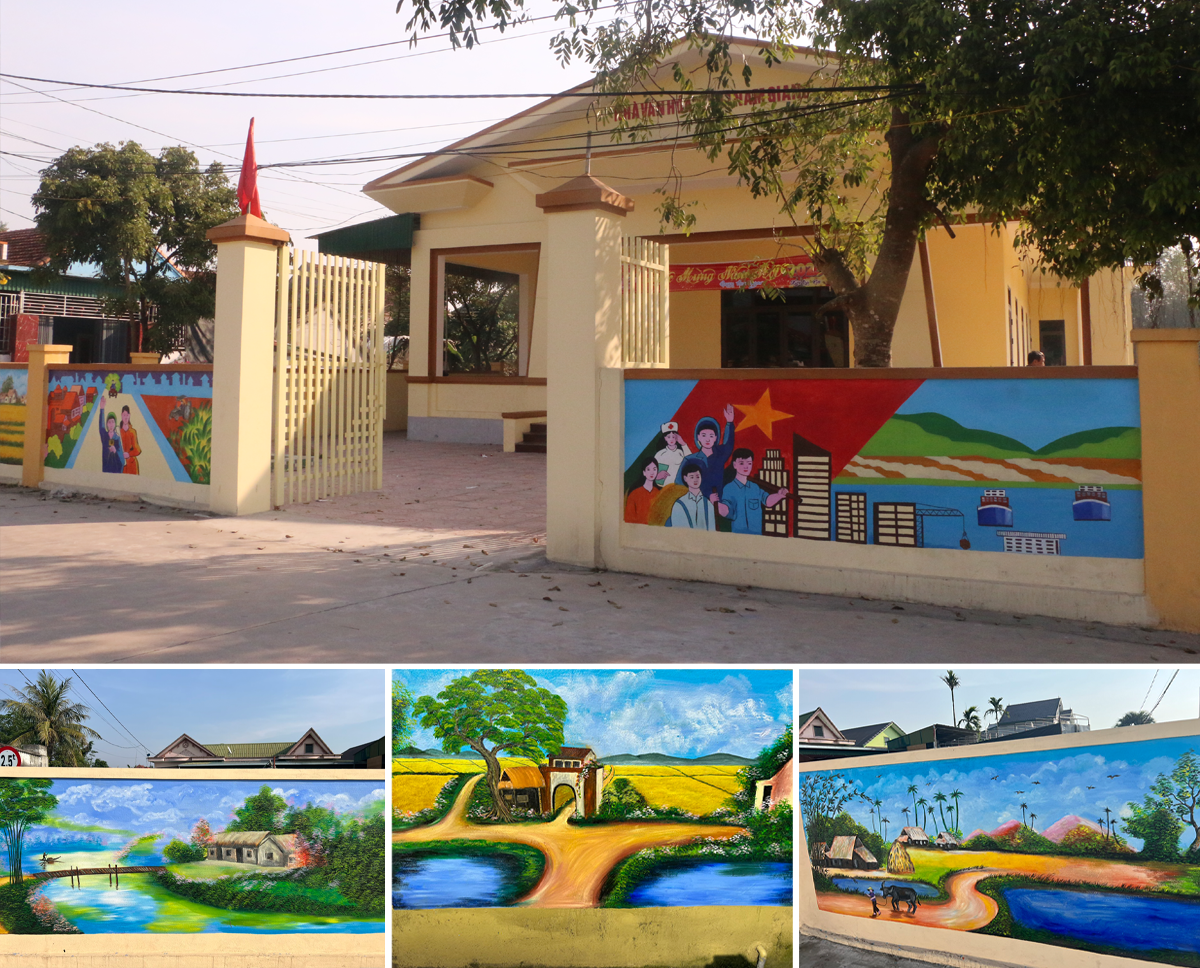 Khu vực nhà văn hoá xóm 1 thoáng đãng, rộng rãi; Những bức bích hoạ được vẽ trên tường rào xóm 1 tạo điểm nhấn  cảnh quan.