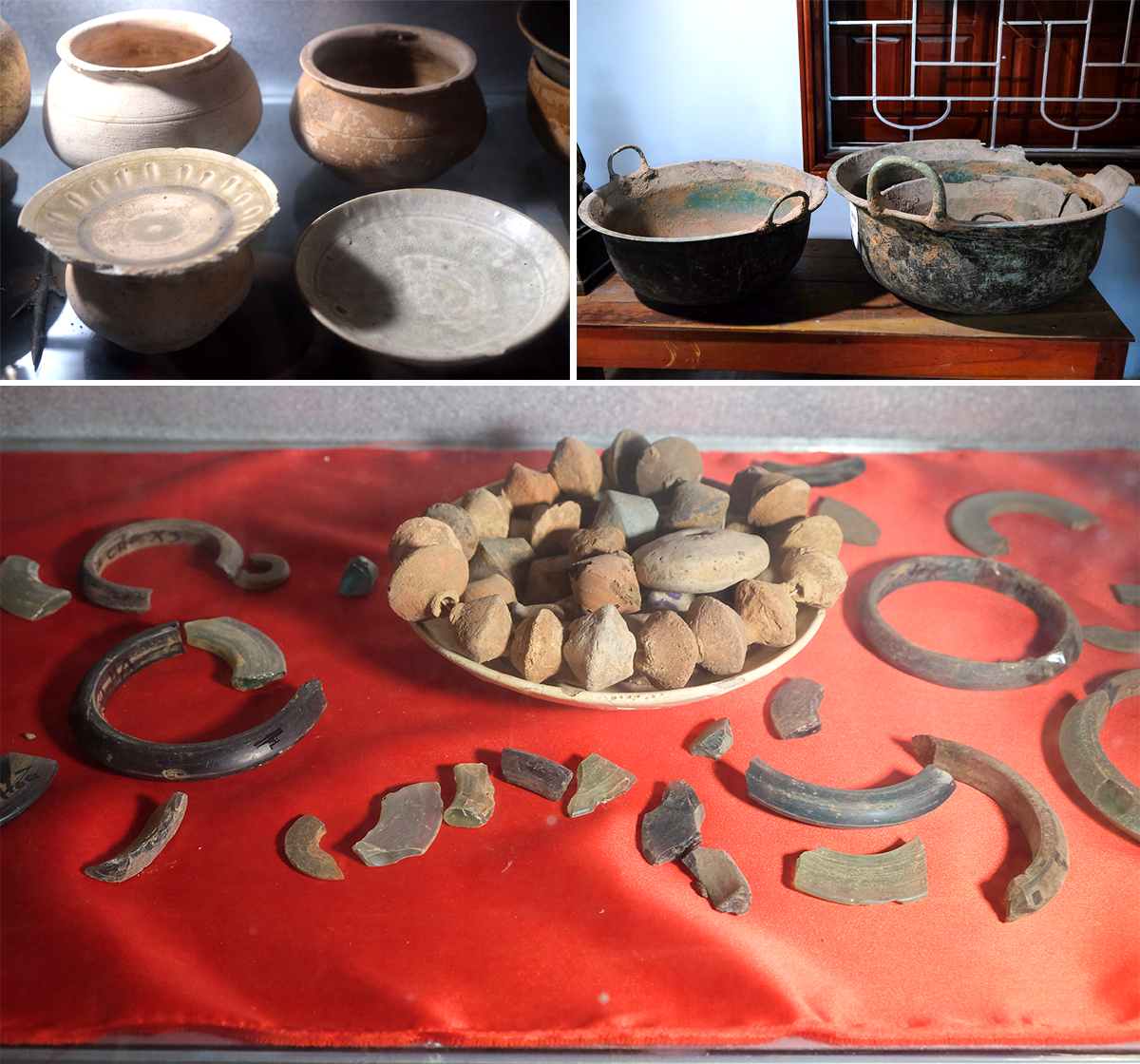 Một số cổ vật được tìm thấy ở di tích làng Vạc. Ảnh tư liệu: Quang Huy