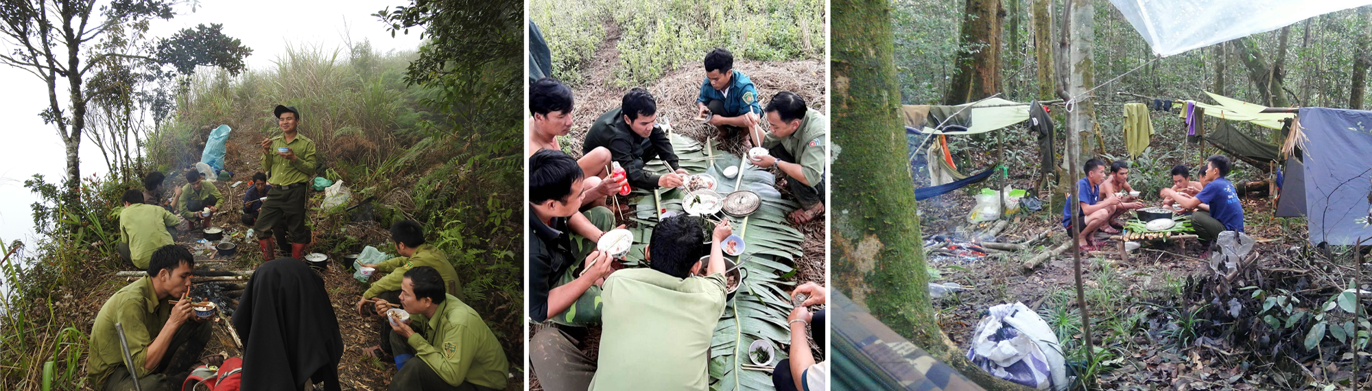Bữa ăn trên đường làm nhiệm vụ của lực lượng chuyên trách bảo vệ rừng.