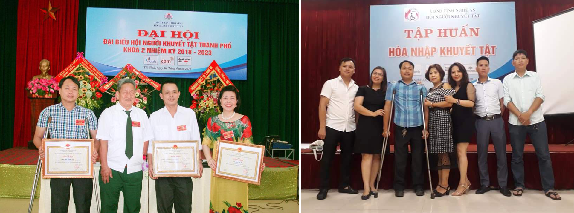 Đại hội Hội Người khuyết tật nhiệm kỳ 2018 - 2023, anh Chu Vinh Đức được bầu là Phó Chủ tịch Hội (ảnh trái); Chu Vinh Đức và các thành viên, hội viên Hội Người khuyết tật tỉnh.