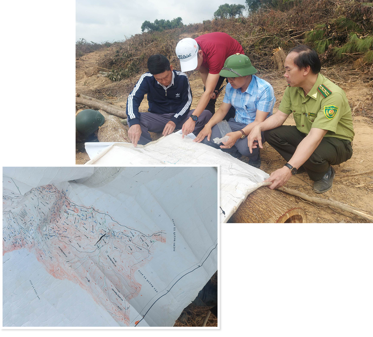 Cán bộ lâm nghiệp, địa chính xã Quỳnh Châu cùng Hạt trưởng Hạt Kiểm lâm Quỳnh Lưu - Hoàng Mai đối chiếu vị trí rừng bị phá trên các bản đồ lâm nghiệp các thời kỳ.