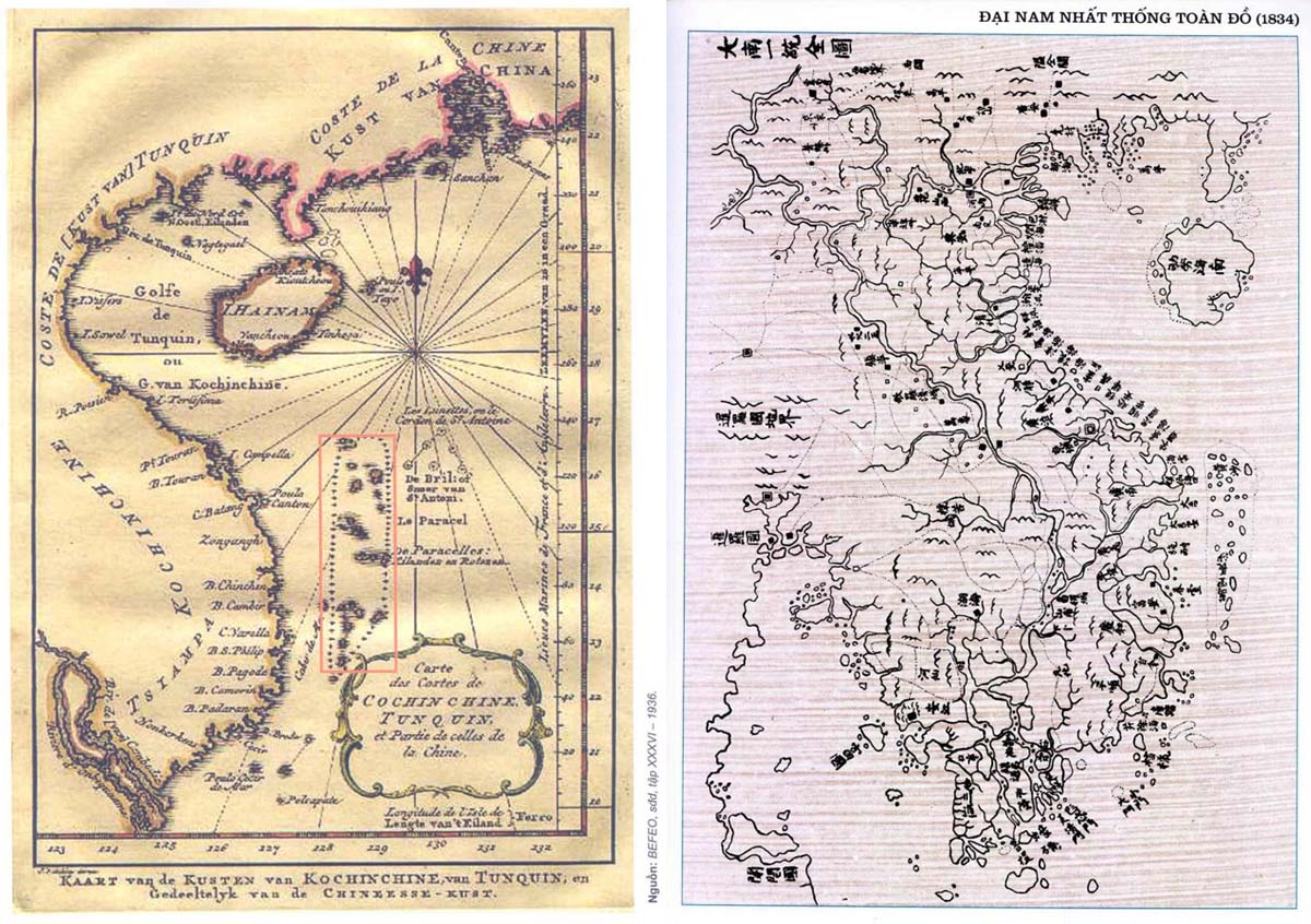 Bản đồ Việt Nam do người phương Tây vẽ năm 1749, Hoàng Sa và Trường Sa mang tên chung là Paracel, Paracel thuộc Đàng Trong (ảnh trái); Đại Nam Nhất thống Toàn đồ - Tác giả Phan Huy Chú (1834).