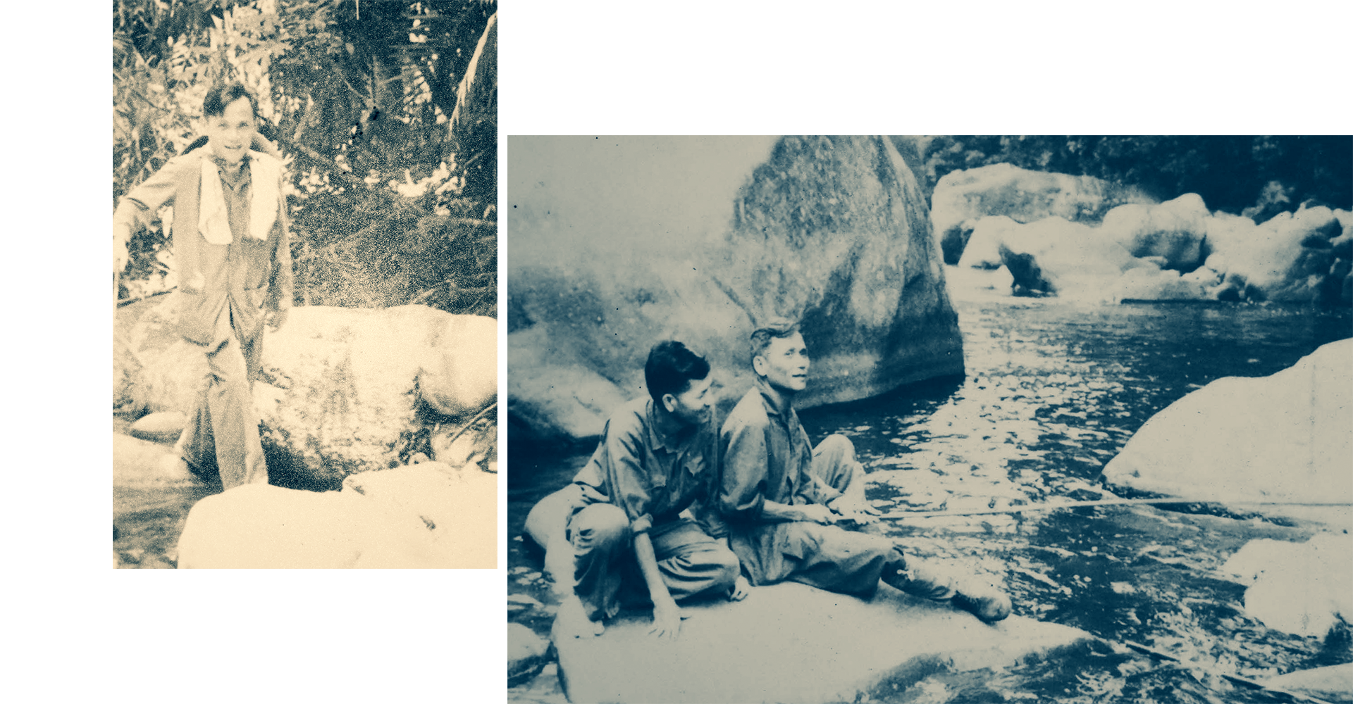 Đồng chí Chu Huy Mân giữa núi rừng Khu V trong những năm chống Mỹ (ảnh trái); Phút thảnh thơi hiếm hoi ở chiến trường của Tư lệnh Khu V Chu Huy Mân.