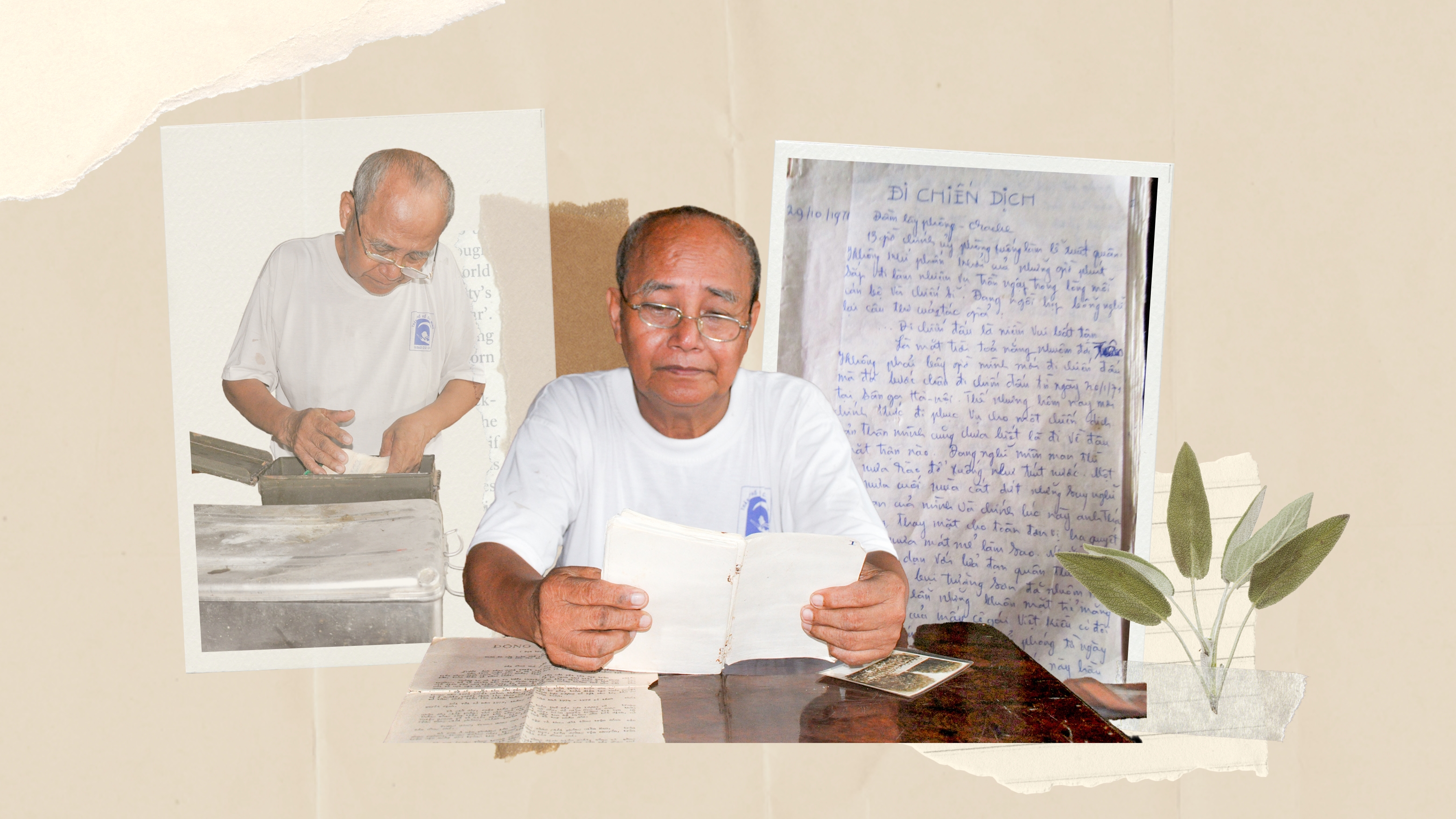 Tập nhật ký chiến trường được ông Đặng Duy Huỳnh cất giữ cẩn thận trong chiếc hộp sắt; Ông Đặng Duy Huỳnh mở những trang nhật ký chiến trường; Một trang trong tập nhật ký của ông Đặng Duy Huỳnh. 
