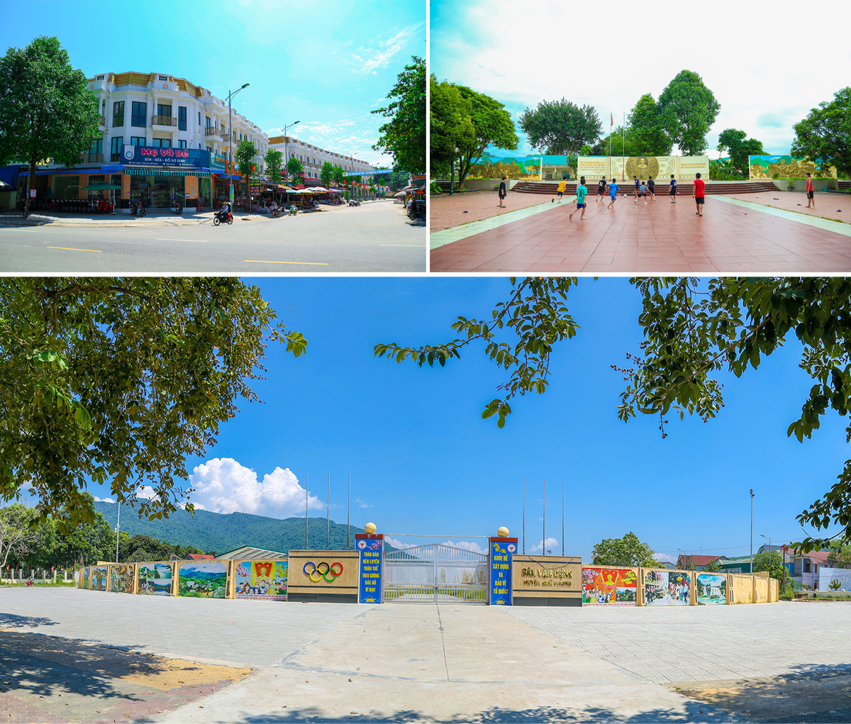 Chợ Kim Sơn, công viên và sân vận động huyện Quế Phong. Ảnh: Đình Tuyên