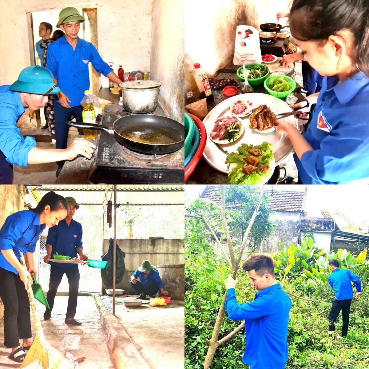 Các thành viên tham gia nấu cơm, dọn dẹp nhà cửa giúp ông Nguyễn Đăng Lưu (xã Liên Thành, huyện Yên Thành).