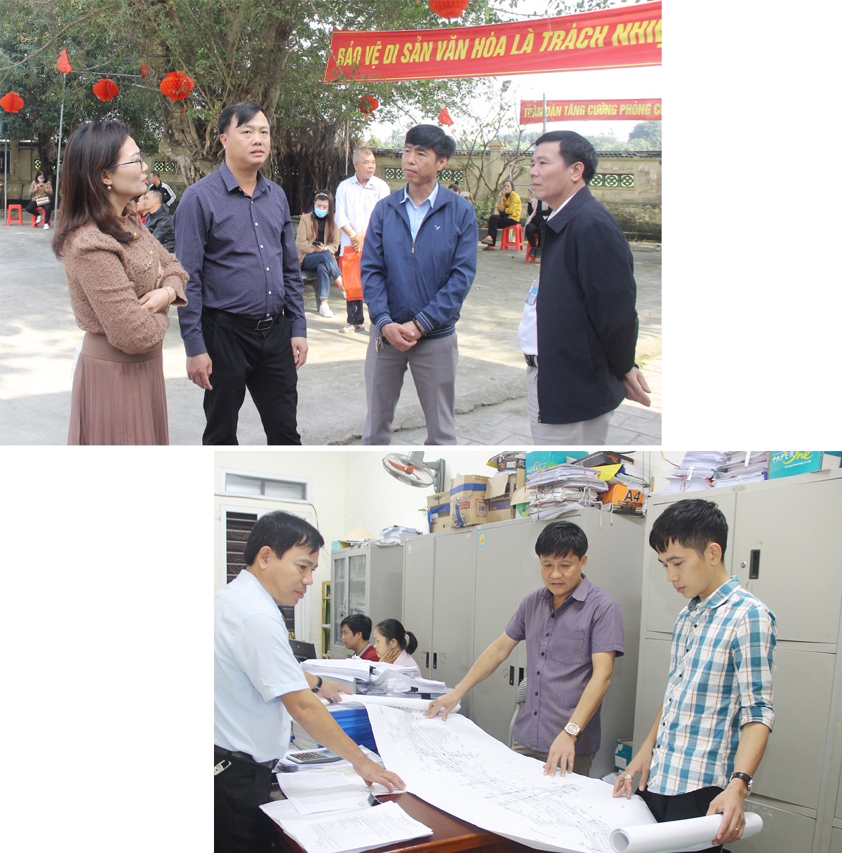 Lãnh đạo huyện Hưng Nguyên khảo sát di tích cần đầu tư tôn tạo trên địa bàn; Cán bộ phòng chuyên môn huyện rà soát các tuyến đường giải phóng mặt bằng và đầu tư.
