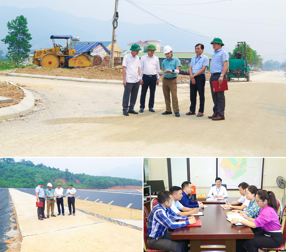 Lãnh đạo huyện Quế Phong kiểm tra các công trình trên địa bàn; Chủ tịch UBND huyện Quế Phong nghe báo cáo từ các phòng chuyên môn. Ảnh: Đình Tuyên